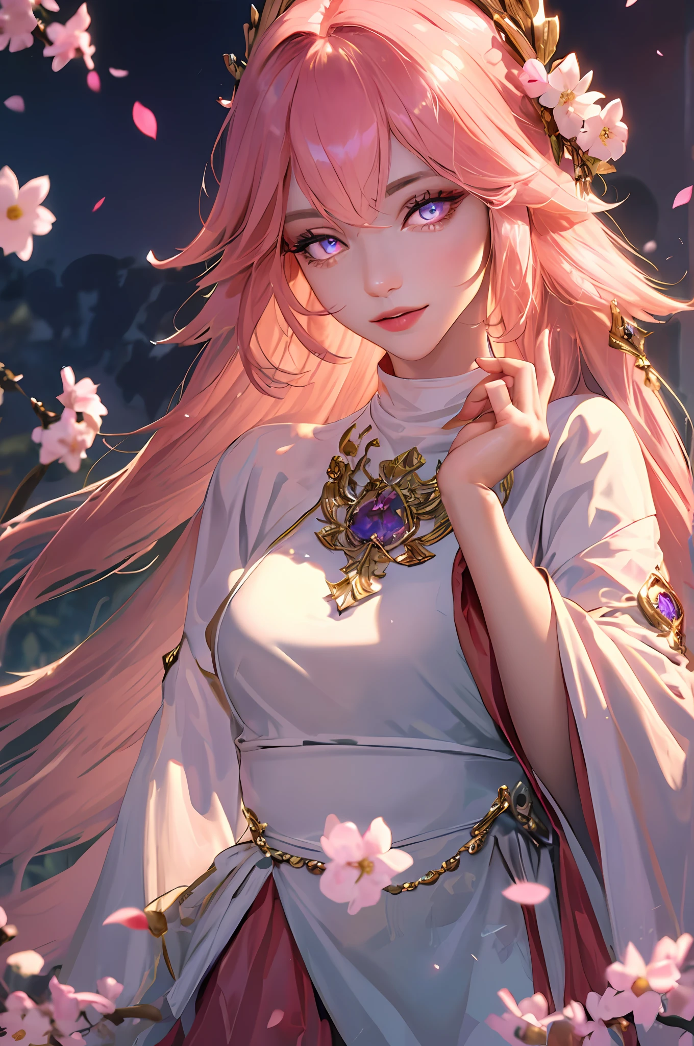 (masterpiece, sidelighting, finely detailed beautiful eyes: 1.2), masterpiece, realistic, glowing eyes,shiny hair, lustrous skin, solo, exquisite,beautifly,garden,flowers,flying petals, perfect hand