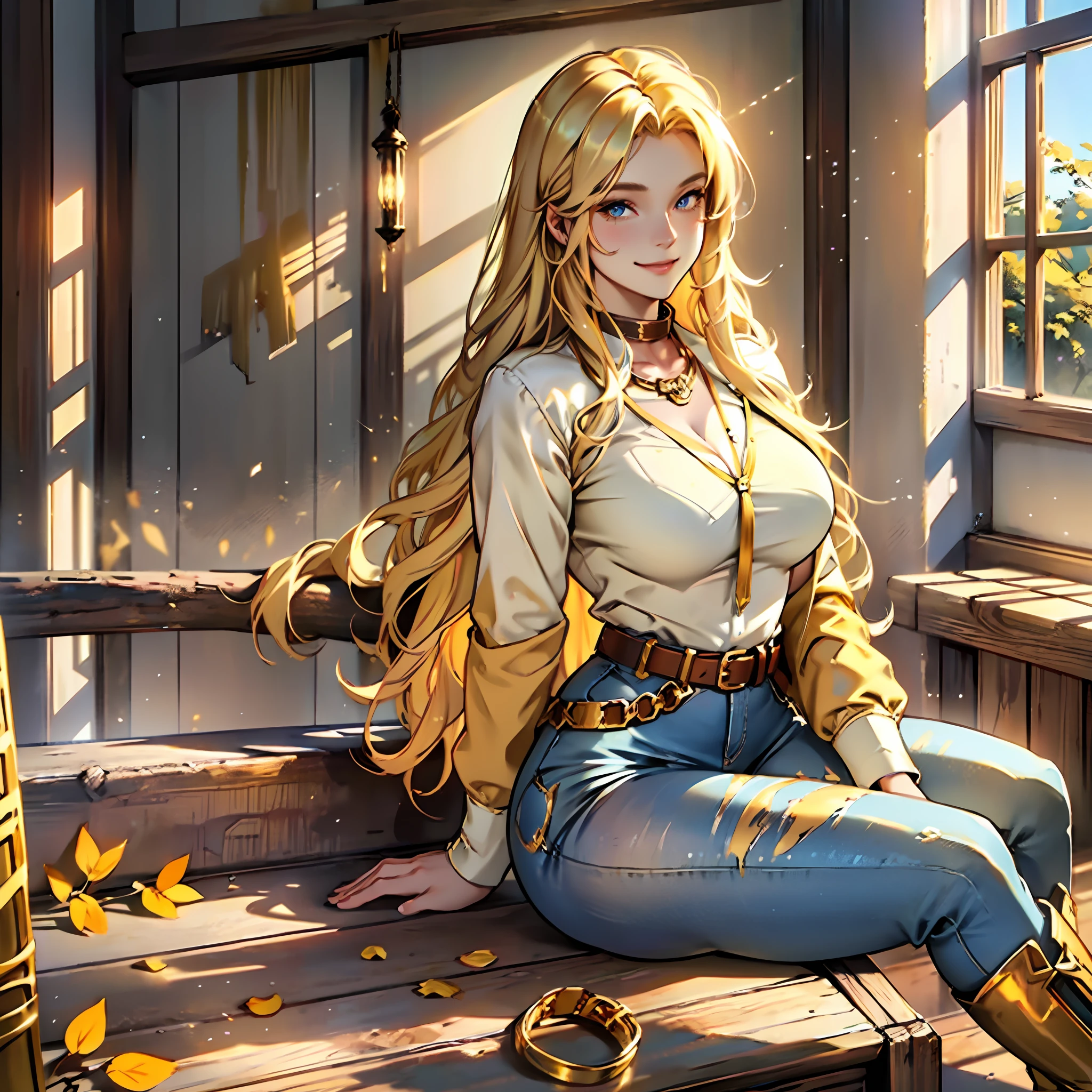 Long blonde hair, beautiful woman, alone, smile, tight brown blouse, golden belt, large breasts, curvy woman, thin waist, thick legs, female boots of burnt yellow color, golden necklace, light blue colored eyes, tight blue pants, wooden room.