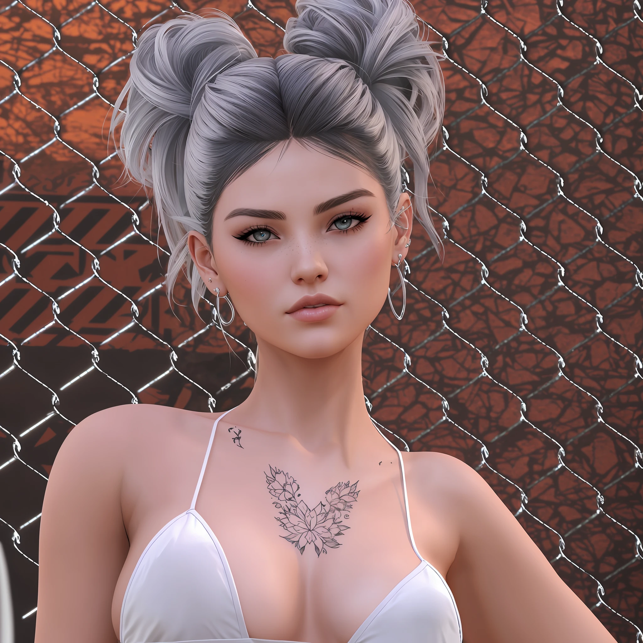 A closeup of a woman with a chest tattoo, sensual expression, artstyle realism, daz 3d, daz3d, daz 3d, loish |, hyper realistic style, realistic art style, detailed punk hair, photorealistic art style, loish and wlop, semi-realistic, silver-haired woman, realistic, human