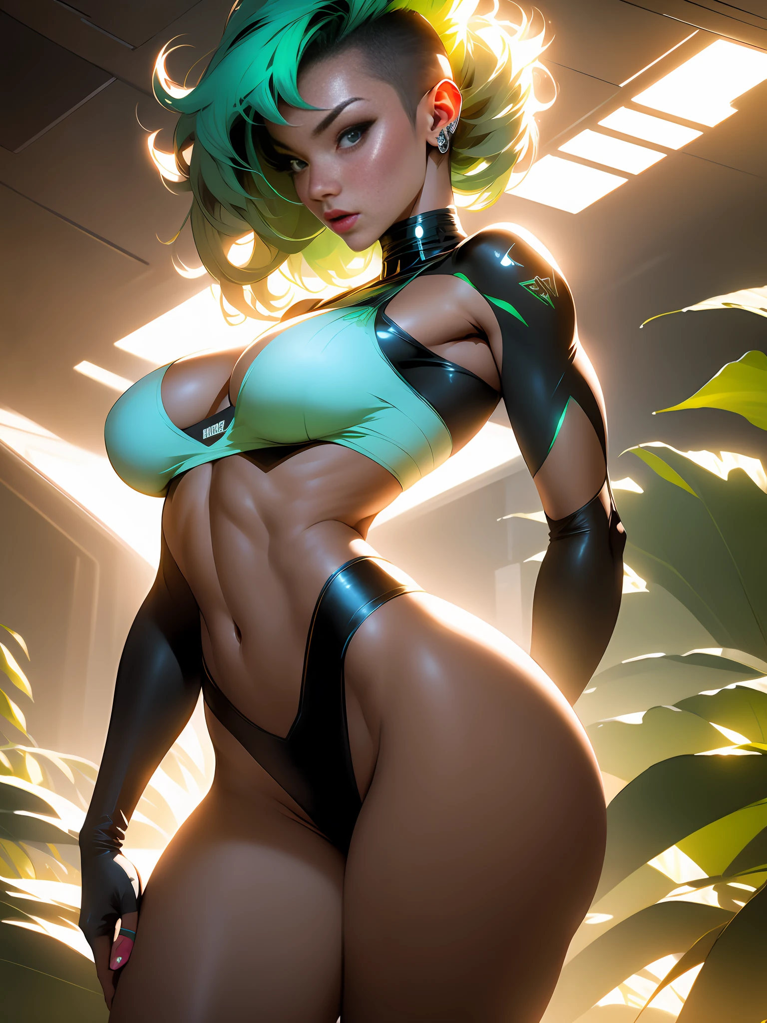 ((Best quality)), ((masterpiece)), (detailed: 1.4),Bettie Page, Caucasian girl, mohawk green hair in tiny bikini, perfect body, beautiful ass and fitness, butt focus, full-length, beautiful figure, bare thighs, snug ass, privileged angle, body parts covered by cyberpunk clothing, rays painted by body body, tanned and sweaty skin, ((big breasts)) perfect, generous neckline, pastel, black mohawk hair with small white locks,  short underwear, garter belt, by mucha, niji, close to real, best quality, almost naked, psychopath, crazy face, action pose, sexy pose, super detailed, alien beach, beautiful alien sky, Nji —V5, pastel, HDR (High Dynamic Range),Ray Tracing,NVIDIA RTX,Super-Resolution,Unreal 5,Subsurface dispersion, PBR texture, Post-processing, Anisotropic filtering, Depth of field, Maximum clarity and sharpness,  Multilayer textures, Albedo and specular maps, Surface shading, Accurate simulation of light-material interaction, Perfect proportions, Octane Render, Two-tone lighting, Wide aperture, Low ISO, White balance, Rule of thirds, 8K RAW, crysisnanosuit