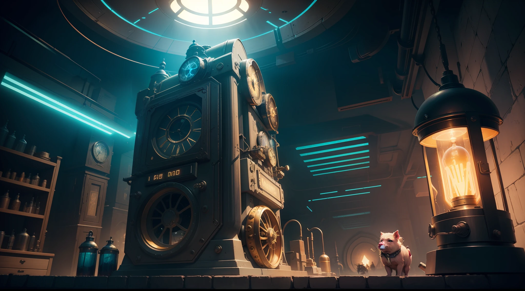 /imagine prompt: illustration of The time machine that is starting in the laboratory emits a dazzling light ,Laboratory clutter::17, Steampunk Pig::15, Time machine::20, lightning::20, diagonal composition::5, Bottom view::12, Unreal Engine::10, beautiful lighting::14, Cinematic light::11, Cyberpunk light::10, Fantasy::6, Cinematic::9, hyper quality::6, Mysterious Tomb::15, Steampunk::19 --seed 252441588 --s 600 --q 2 --c 40