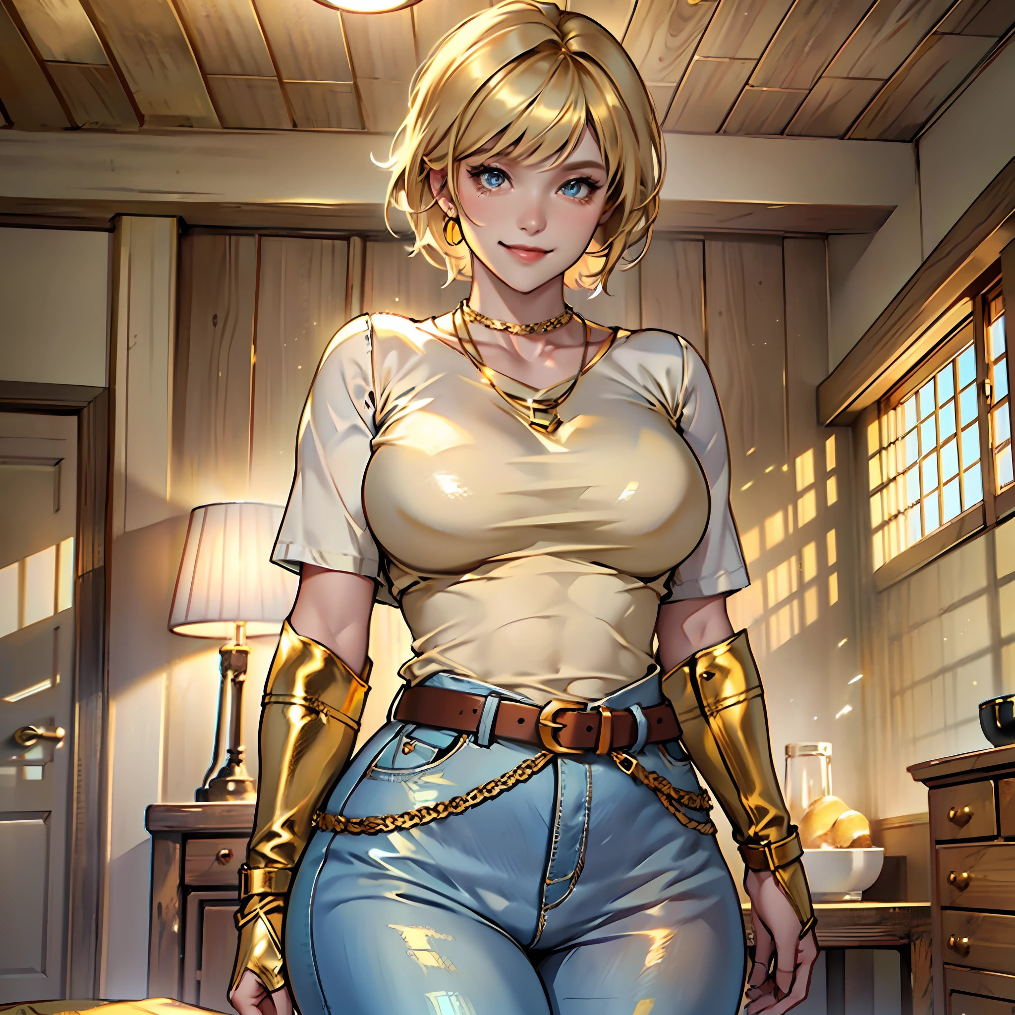 Blonde hair, short hair, bangs, beautiful woman, alone, smile, tight brown blouse, golden belt, large breasts, curvy woman, thin waist, thick legs, burnt yellow female boots, golden necklace, light blue colored eyes, tight blue pants, wooden room.