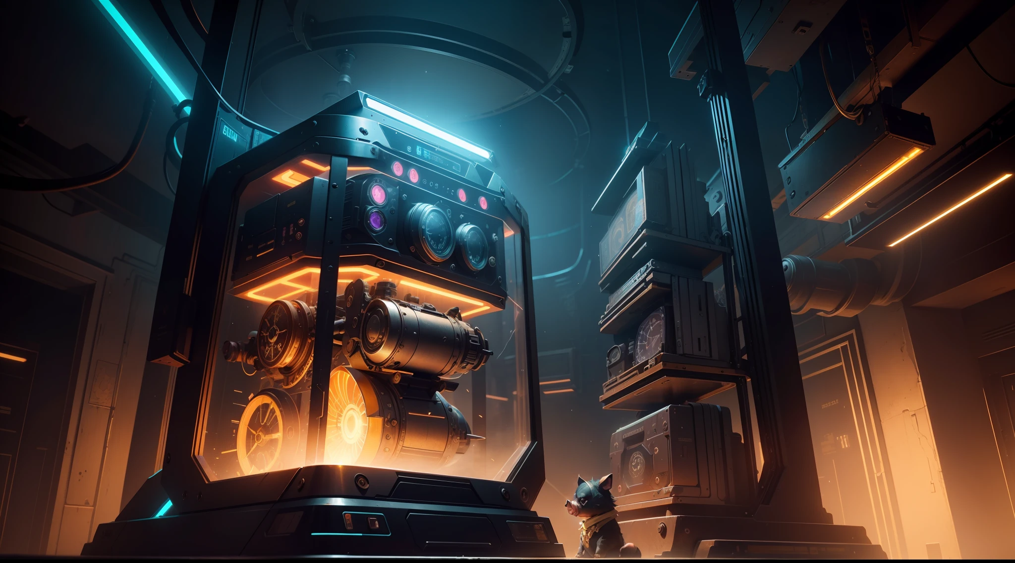 /imagine prompt: illustration of The time machine that is starting in the laboratory emits a dazzling light ,Laboratory clutter::17, Steampunk Pig::15, Time machine::20, lightning::20, diagonal composition::5, Bottom view::12, Unreal Engine::10, beautiful lighting::14, Cinematic light::11, Cyberpunk light::10, Fantasy::6, Cinematic::9, hyper quality::6, Mysterious Tomb::15, Steampunk::19 --seed 252441588 --s 600 --q 2 --c 40