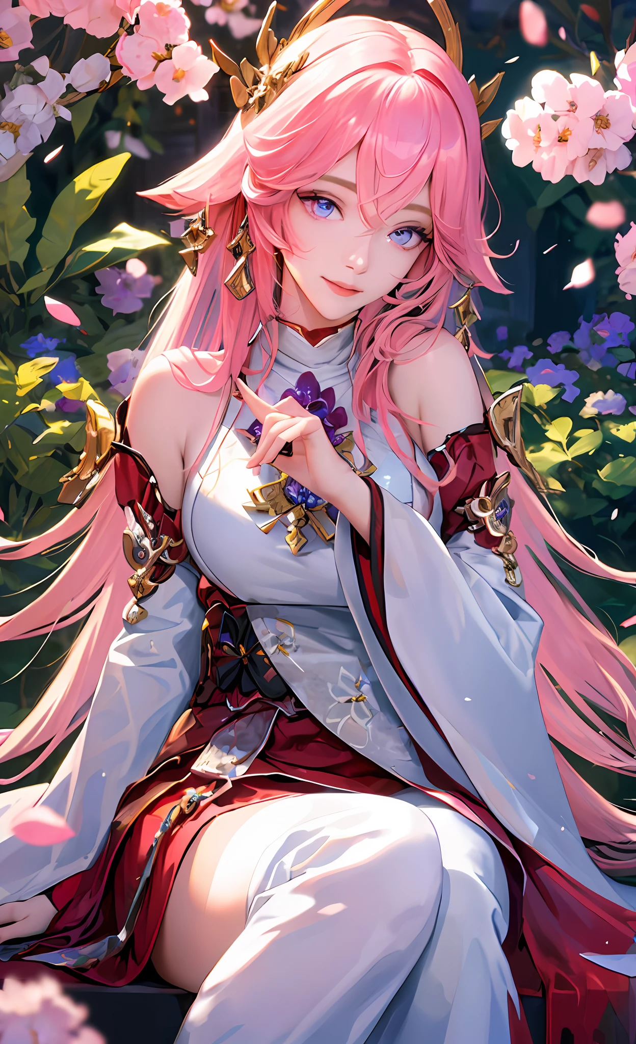 (masterpiece, sidelighting, finely detailed beautiful eyes: 1.2), masterpiece, realistic, glowing eyes,shiny hair, lustrous skin, solo, exquisite,beautifly,garden,flowers,flying petals,