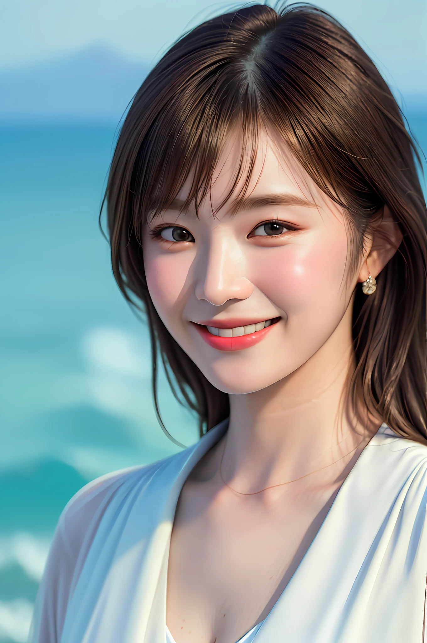 Best Quality, Masterpiece, Ultra High Resolution, (Film Grain: 1.4), Digital Photography, Bangs, Film Lighting, (Fuji Color: 1.2) Portrait,
1 girl, solo, facing the audience, smiling, (face close-up), clear pores, looking at the audience, ocean background (realistic: 1.2)