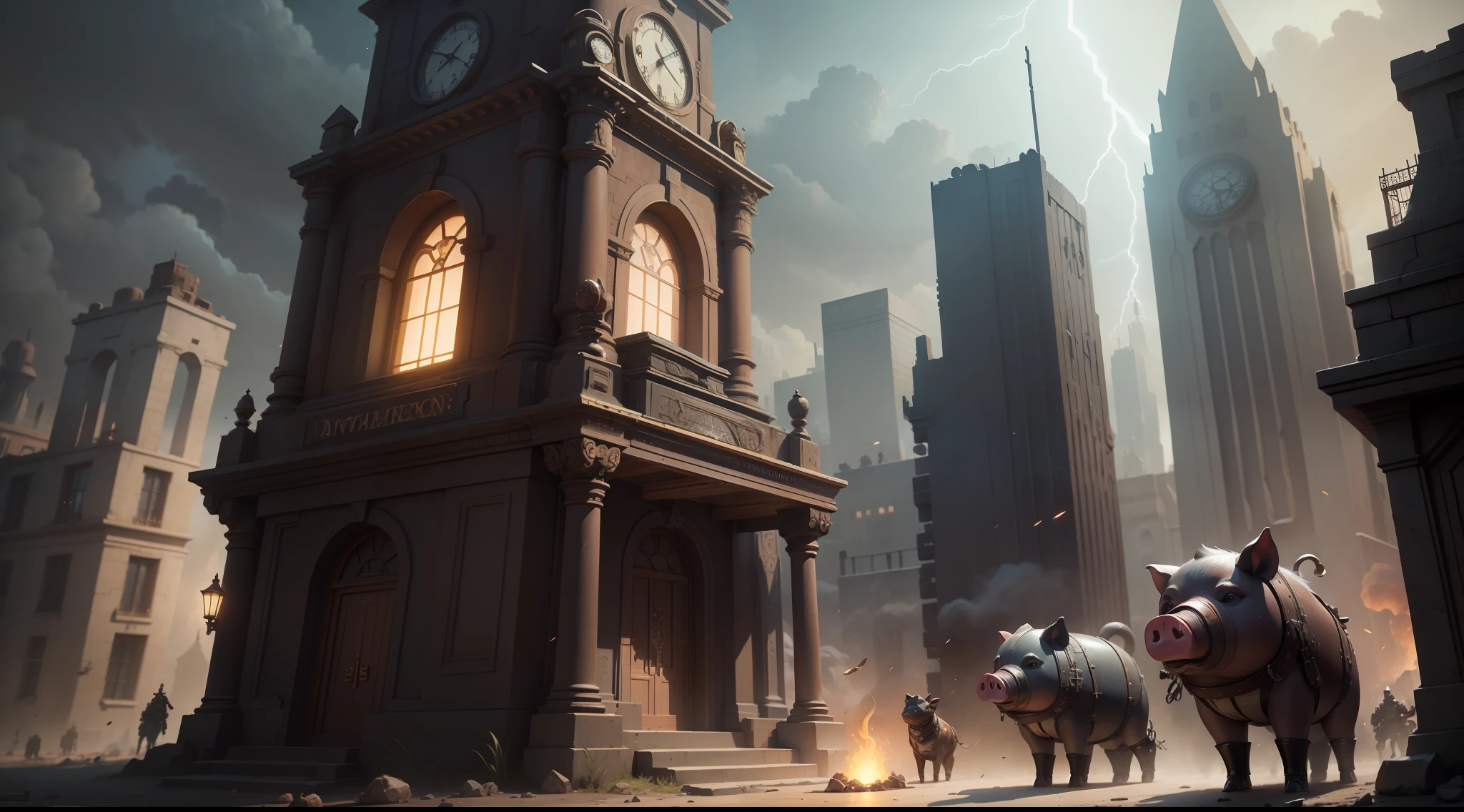 /imagine prompt: illustration of A powerful Steampunk pig army ,outdoor::17, Steampunk Pig::15, Legion::20, lightning::20, diagonal composition::5, Bottom view::12, Unreal Engine::10, beautiful lighting::14, Cinematic light::11, Cyberpunk light::10, Fantasy::6, Cinematic::9, hyper quality::6, Mysterious Tomb::15, Steampunk::19 --seed 252441588 --s 600 --q 2 --c 40
