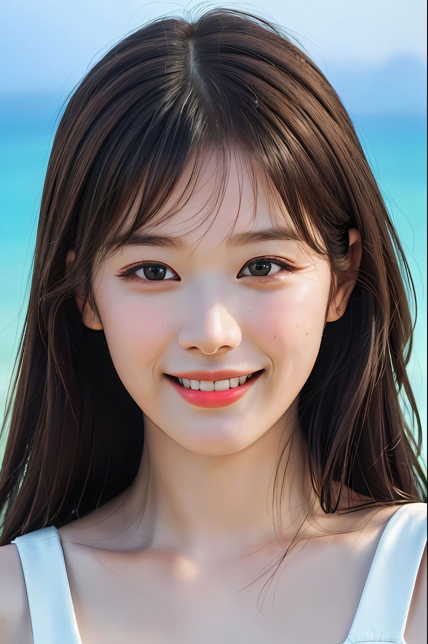 Best Quality, Masterpiece, Ultra High Resolution, (Film Grain: 1.4), Digital Photography, Bangs, Film Lighting, (Fuji Color: 1.2) Portrait,
1 girl, solo, facing the audience, smiling, (face close-up), clear pores, looking at the audience, ocean background (realistic: 1.2)