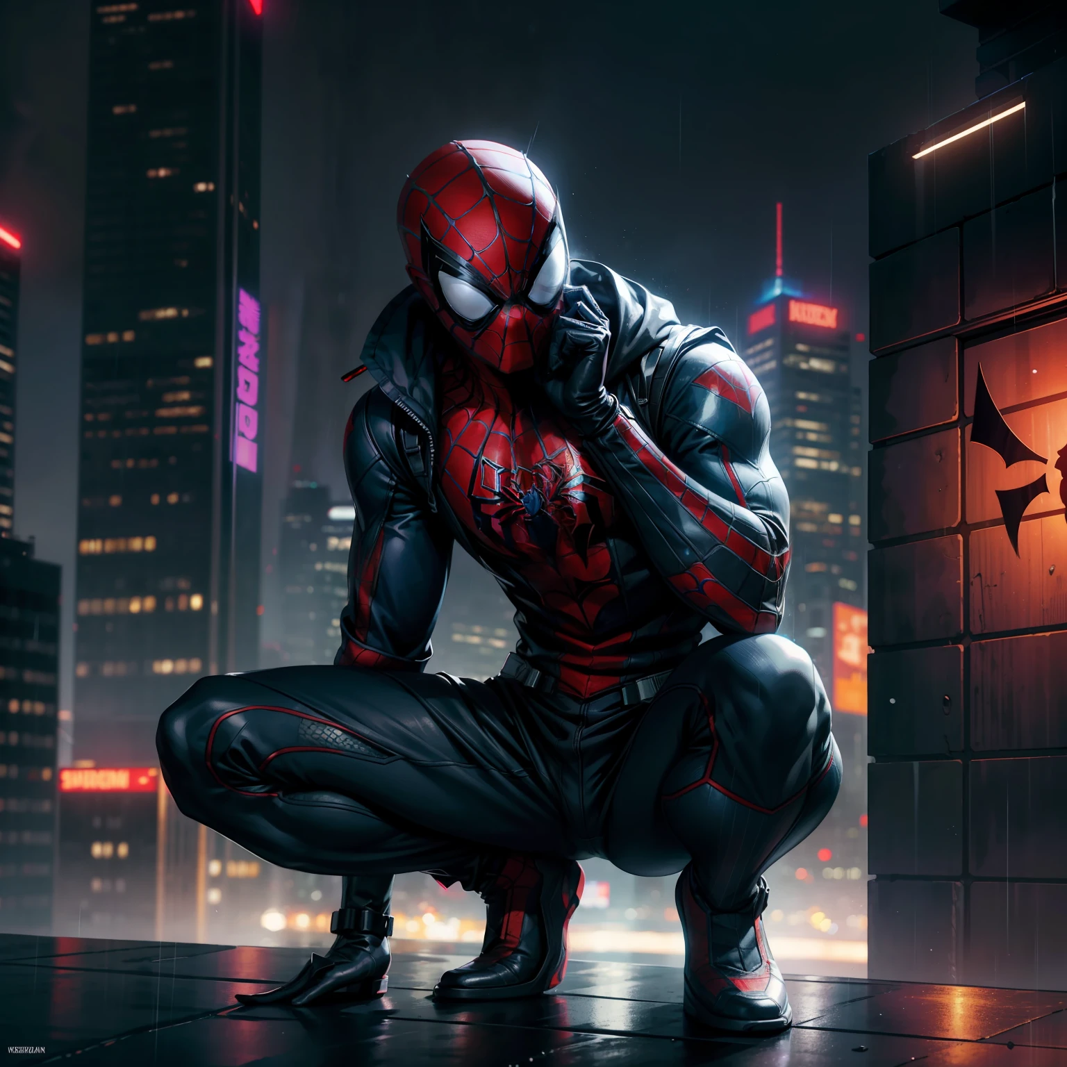 cyberpunk spiderman, face covered by spiderman mask, crouching on rooftop, webbing, urban environment, rain, neon, dark shadows, bloom, bokeh, lens flare, (absurdres, highres, ultra detailed), cinematic lighting, drop shadow, particle effects, anatomically correct, super detail, best quality,