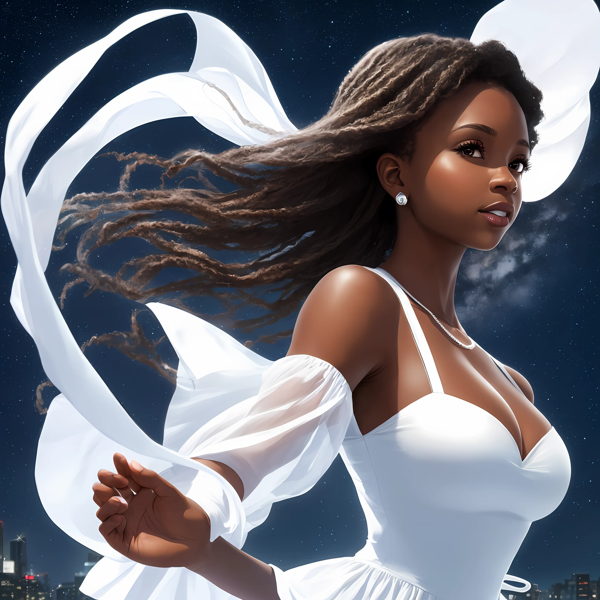 Realistic photo, open sky, night, black girl, big breasts, white dress, 4k, ultra-realistic, detailed face, realistic skin, detailed breasts