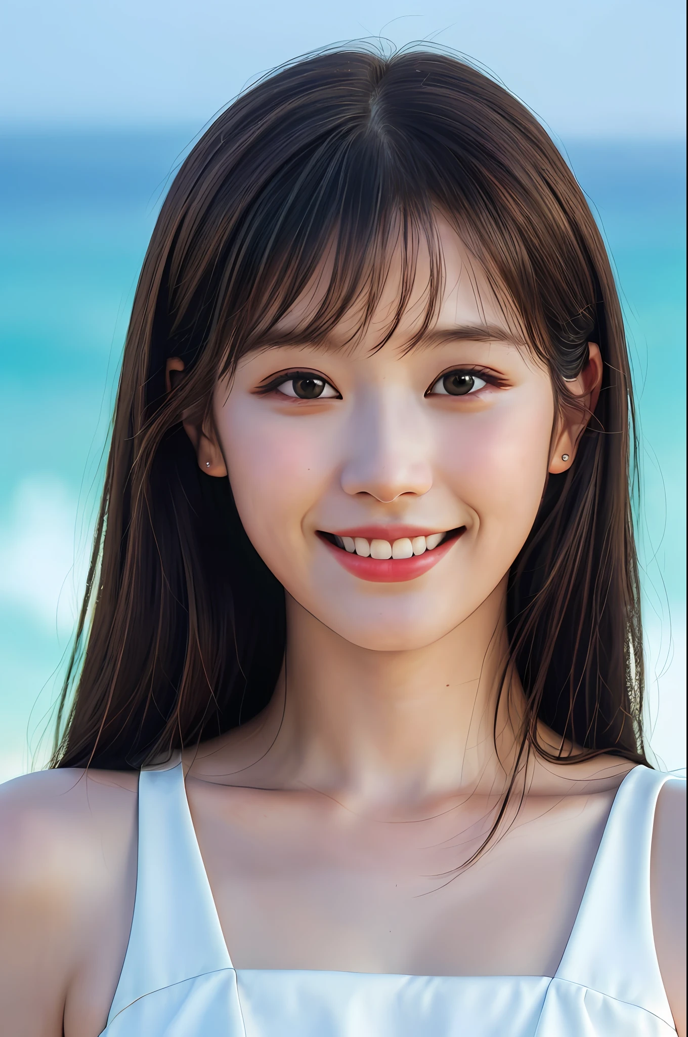 Best Quality, Masterpiece, Ultra High Resolution, (Film Grain: 1.4), Digital Photography, Bangs, Film Lighting, (Fuji Color: 1.2) Portrait,
1 girl, solo, facing the audience, smiling, (face close-up), clear pores, looking at the audience, ocean background (realistic: 1.2)