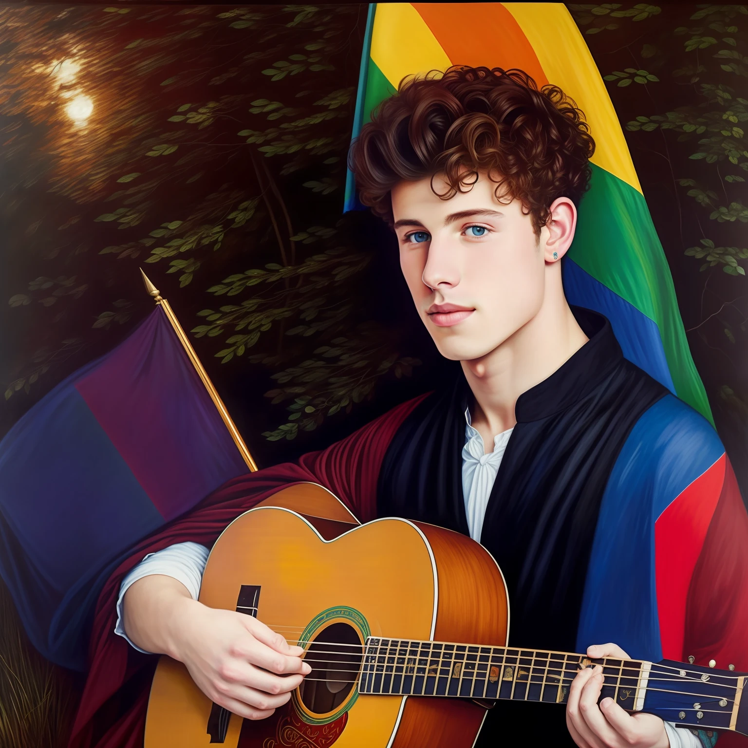 a painting of a Shawn Mendes with LGBT flag, pre-Raphaelite, as Pre-Raphaelite, Pre-Raphaelite, Pre-Raphaelite, Pre-Raphaelite, music, public square, lights, fires in the sky, edward hughes