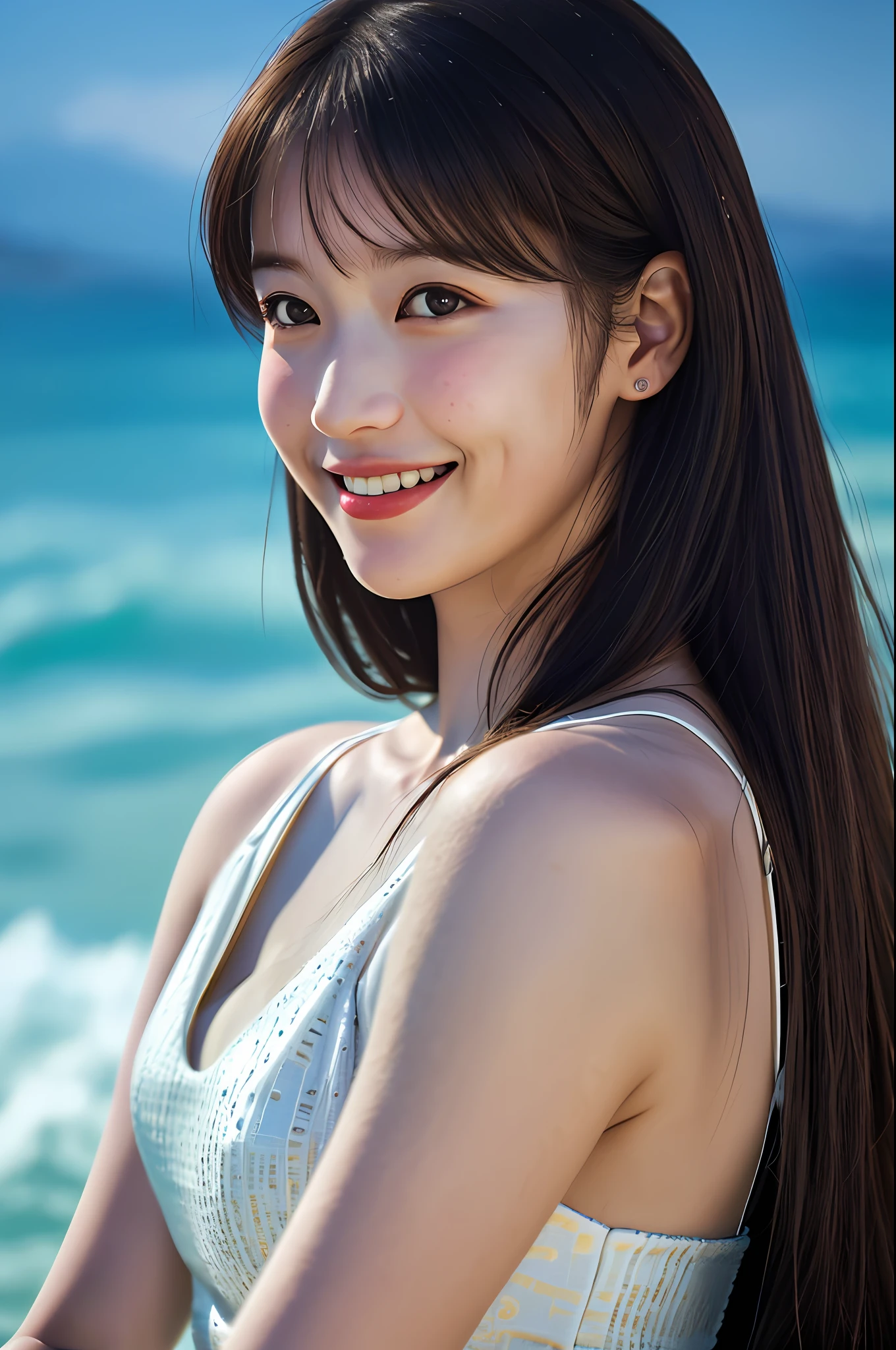 Best Quality, Masterpiece, Ultra High Resolution, (Film Grain: 1.4), Digital Photography, Bangs, Film Lighting, (Fuji Color: 1.2) Portrait,
1 girl, solo, facing the audience, smiling, (face close-up), clear pores, looking at the audience, ocean background (realistic: 1.2)