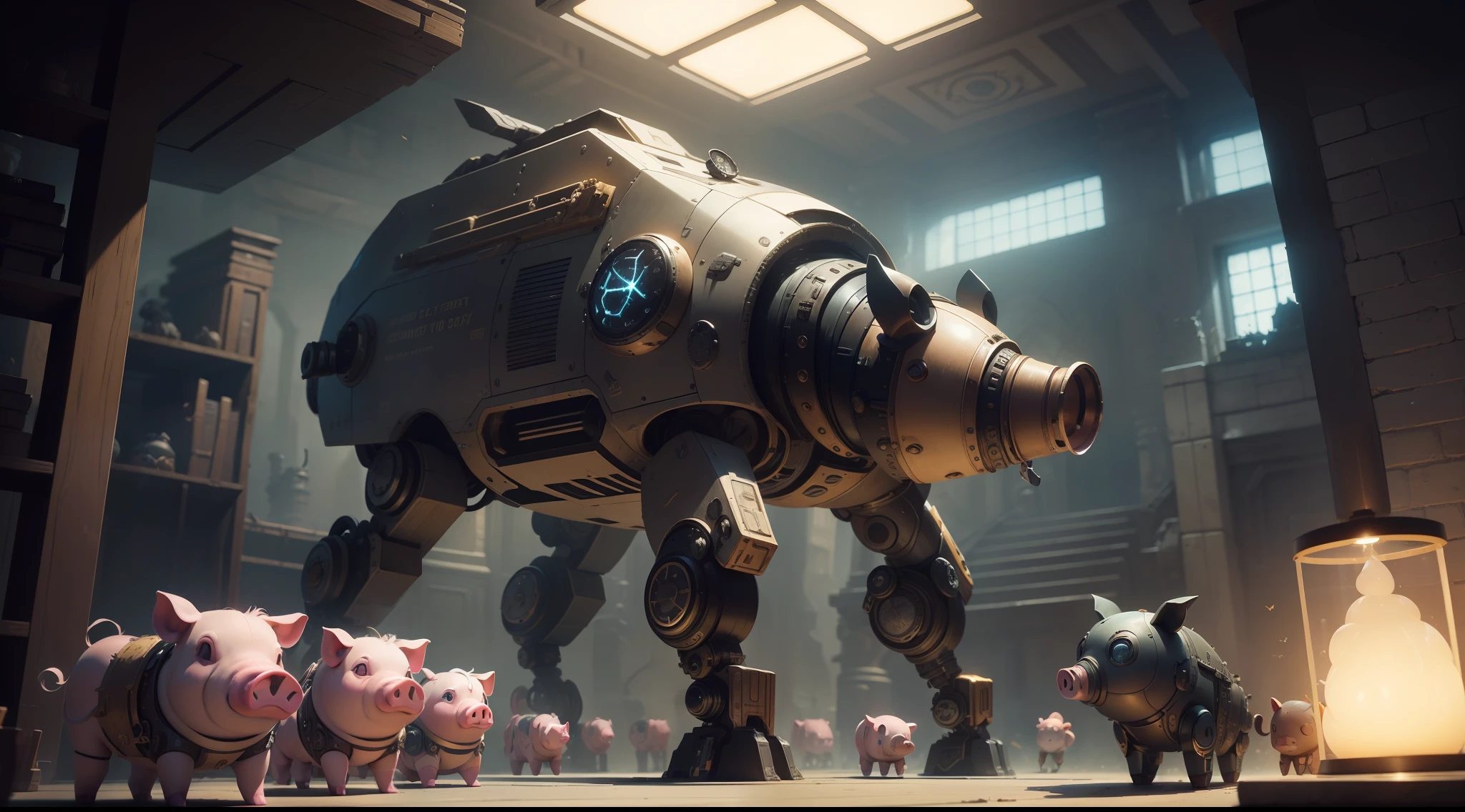 /imagine prompt: illustration of Some are like robots, some are like monsters, some are like flying machines, and some are like toys. They form a powerful Steampunk pig army ,Many pigs::17, Steampunk Pig::15, Legion::20, diagonal composition::5, Bottom view::12, Unreal Engine::10, beautiful lighting::14, Cinematic light::11, Cyberpunk light::10, Fantasy::6, Cinematic::9, hyper quality::6, Mysterious Tomb::15, Steampunk::19 --seed 252441588 --s 600 --q 2 --c 40