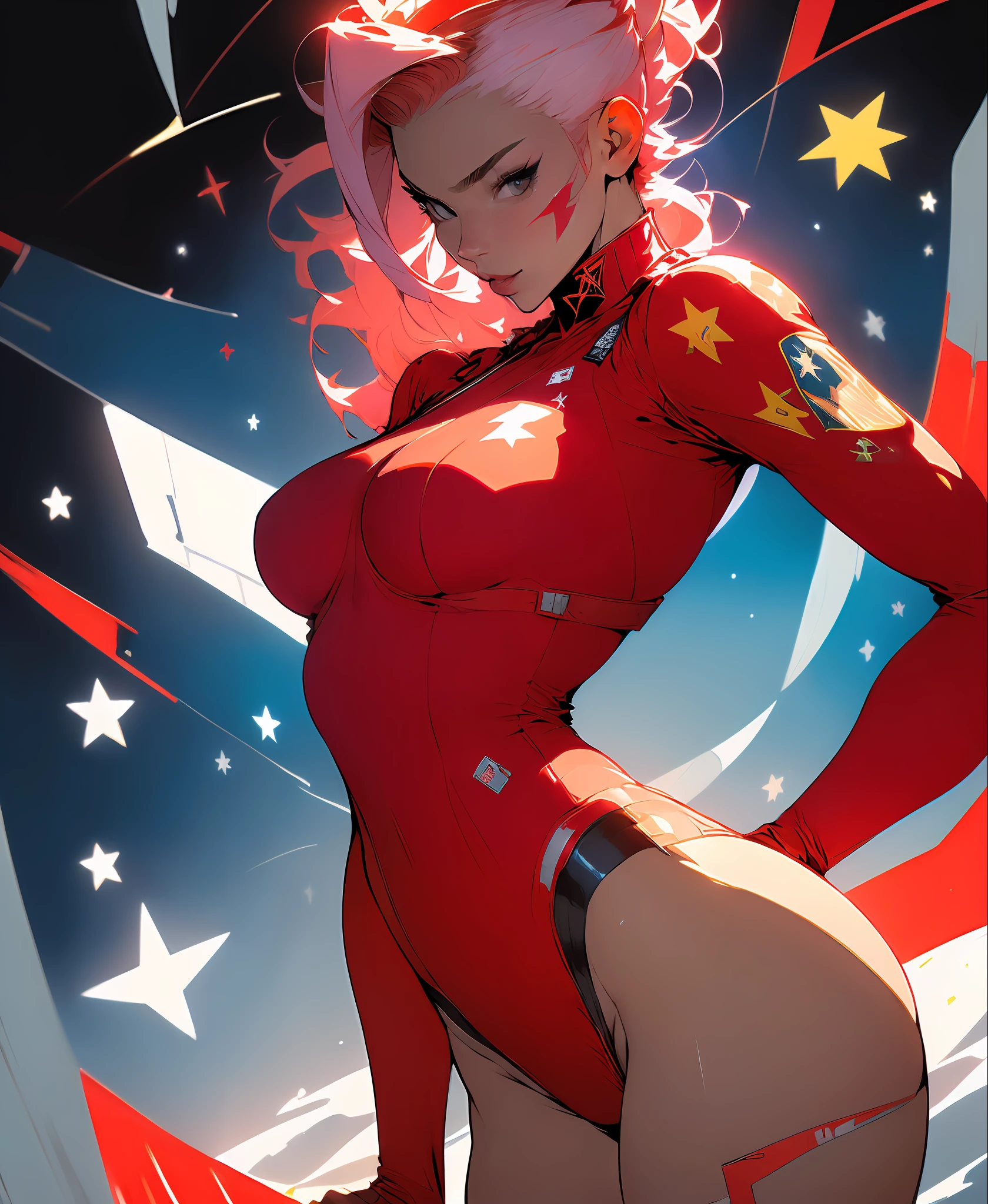 ((Best quality)), ((masterpiece)), (detailed: 1.4), Fighter pilot woman fitness body defined, half thick naked thighs, closed mouth, only in panties, muscular body parts covered by technological clothing, (((large breasts)) perfect, generous neckline, (((red clothing)), CCCP, pastel, short white hair with nasal topknot and shaved, short underwear, garter belt, tiara with metallic horns, by mucha,  niji, close to real, best quality, almost naked, psychopathic, crazy face, inside an airplane cockpit, piloting, sexy pose, starry night background, outfit imitating P40 plane with shark mouth, rot rod flame tattoos, vintage, dark red bra with yellow stars, stars covering breasts, (((clothes with the colors of the flag of the Soviet Union))),  Pointed shoulder pads, White eyes without pupils, HDR (High Dynamic Range),Ray Tracing,NVIDIA RTX,Super-Resolution,Unreal 5,Subsurface dispersion, PBR texture, Post-processing, Anisotropic filtering, Depth of field, Maximum clarity and sharpness, Multilayer textures, Albedo and specular maps, Surface shading, Accurate simulation of light-material interaction, Perfect proportions, Octane Render, Two-tone lighting, Wide aperture, Low ISO,  White Balance, Rule of Thirds, 8K RAW, crysisnanosuit