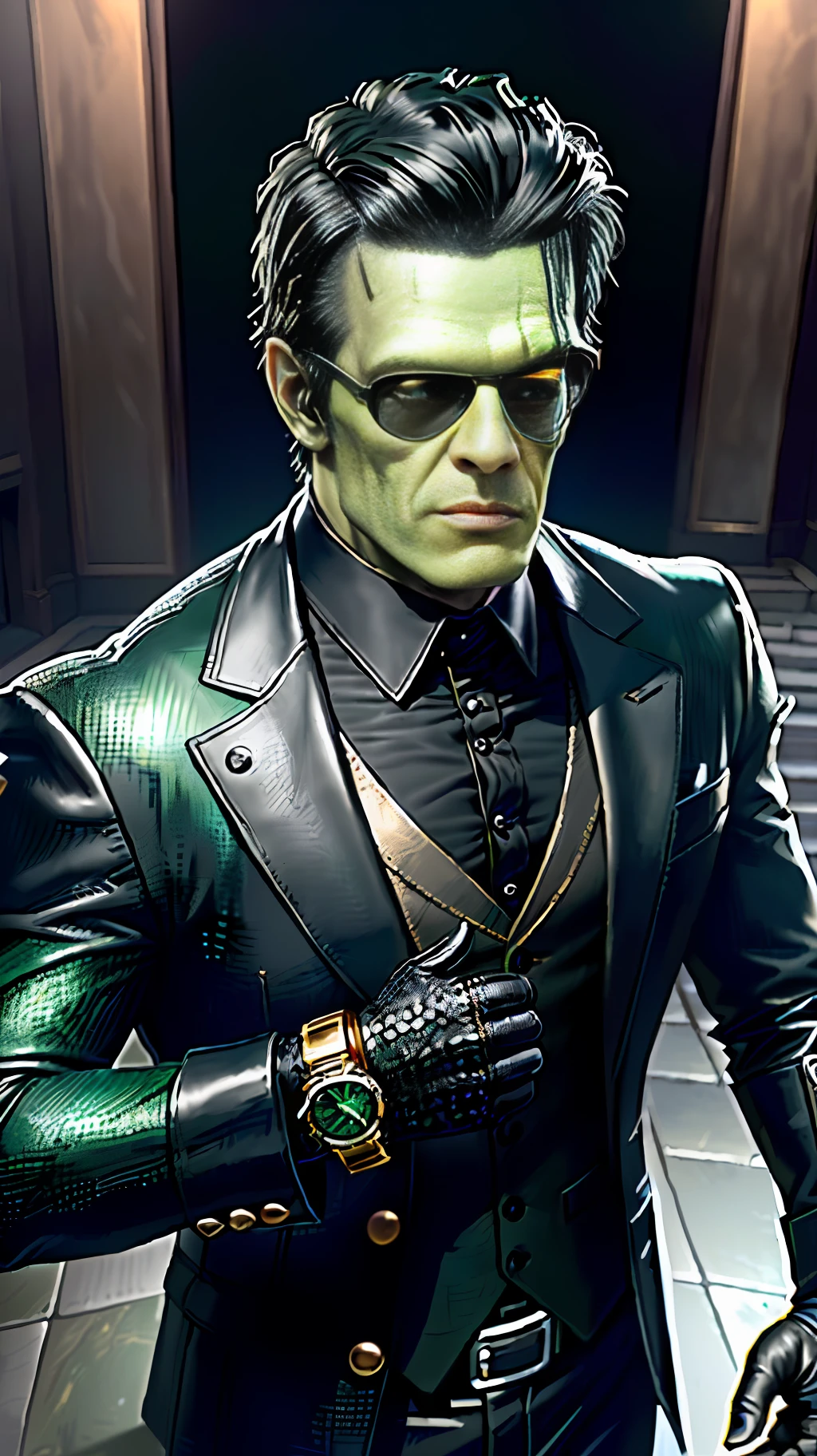 ((Highly detailed)), ((super realistic)), ((4k image)), ((color balance)), Frankenstein Monster, wearing black leather suit, green face, black hair, leather glove, black sunglasses, gold watch, chain, in the center of the scenery, holding a small sphere, doing villain pose for photography, neutral theme, (no duplications)