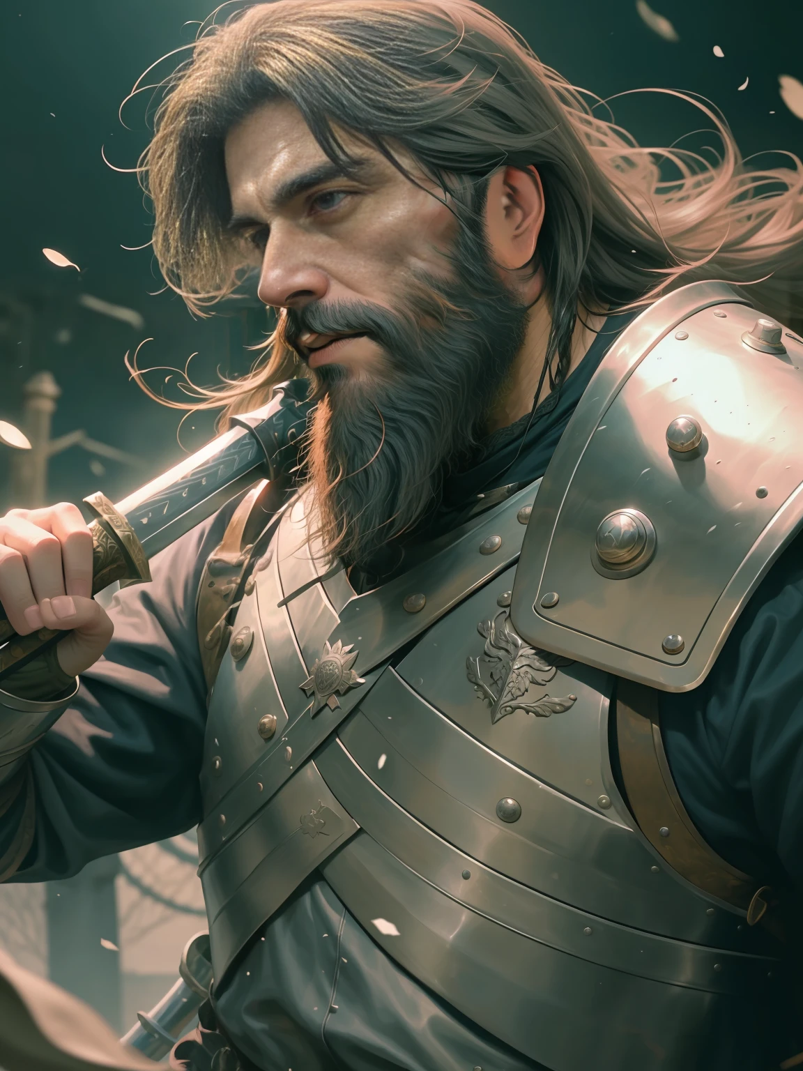 man, 36 years old, long beard, medieval soldier, wearing heavy armor, wielding long sword, heavy, perfectional details, low-tied long hair, facial hair, crazy, high detail, Realism, cinematic lighting, first-person view, masterpiece, high details, high quality, super detail, best quality, UHD