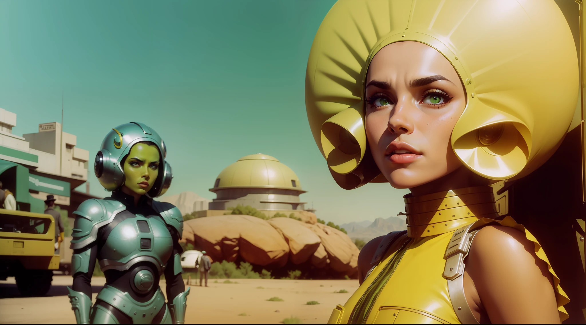 a man and a woman in green and yellow, a matte painting by Ed Paschke, behance, retrofuturism, reimagined by industrial light and magic, 1970s, criterion collection