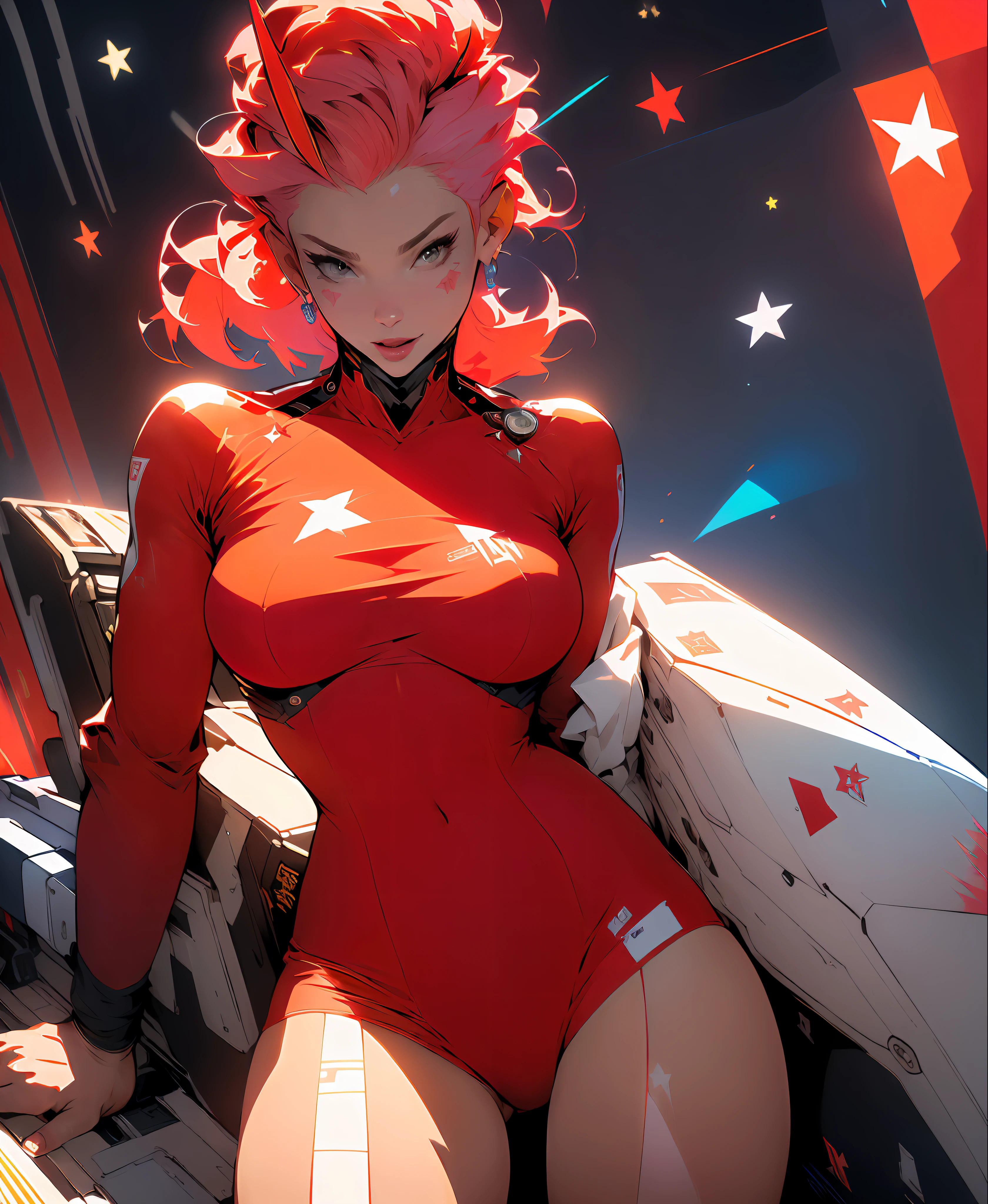 ((Best quality)), ((masterpiece)), (detailed: 1.4), Fighter pilot woman fitness body defined, half thick naked thighs, closed mouth, only in panties, muscular body parts covered by technological clothing, (((large breasts)) perfect, generous neckline, (((red clothing)), CCCP, pastel, short white hair with nasal topknot and shaved, short underwear, garter belt, tiara with metallic horns, by mucha, niji, close to real, best quality, almost naked, psychopathic, crazy face, inside an airplane cockpit, piloting, sexy pose, starry night background, outfit imitating P40 plane with shark mouth, rot rod flame tattoos, vintage, dark red bra with yellow stars, stars covering breasts, (((clothes with the colors of the flag of the Soviet Union))), Pointed shoulder pads, White eyes without pupils, HDR (High Dynamic Range),Ray Tracing,NVIDIA RTX,Super-Resolution,Unreal 5,Subsurface dispersion, PBR texture, Post-processing, Anisotropic filtering, Depth of field, Maximum clarity and sharpness, Multilayer textures, Albedo and specular maps, Surface shading, Accurate simulation of light-material interaction, Perfect proportions, Octane Render, Two-tone lighting, Wide aperture, Low ISO, White Balance, Rule of Thirds, 8K RAW, crysisnanosuit