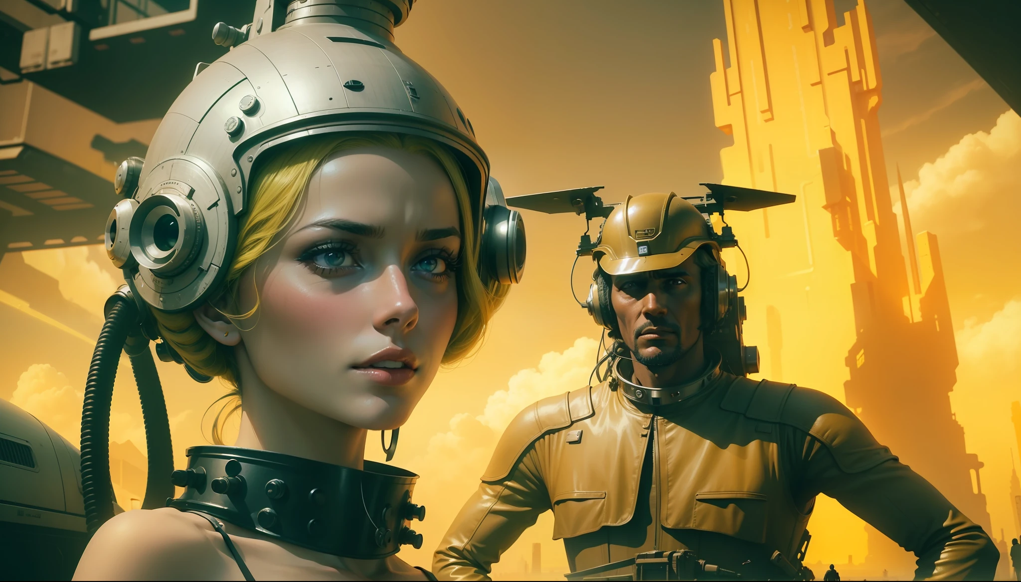 a woman in a yellow dress standing next to a man in a sci - fi, a matte painting by Jean Fautrier, trending on cg society, retrofuturism, reimagined by industrial light and magic, 1970s, sci-fi