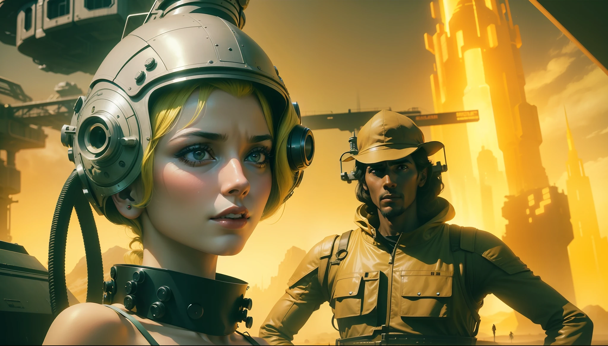 a woman in a yellow dress standing next to a man in a sci - fi, a matte painting by Jean Fautrier, trending on cg society, retrofuturism, reimagined by industrial light and magic, 1970s, sci-fi