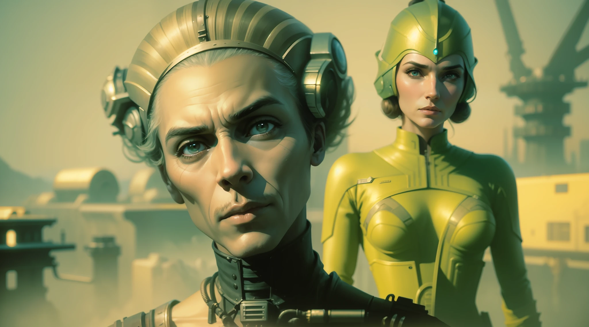 a man and a woman standing next to each other, a matte painting by Don Maitz, cgsociety, retrofuturism, reimagined by industrial light and magic, steampunk, matte painting