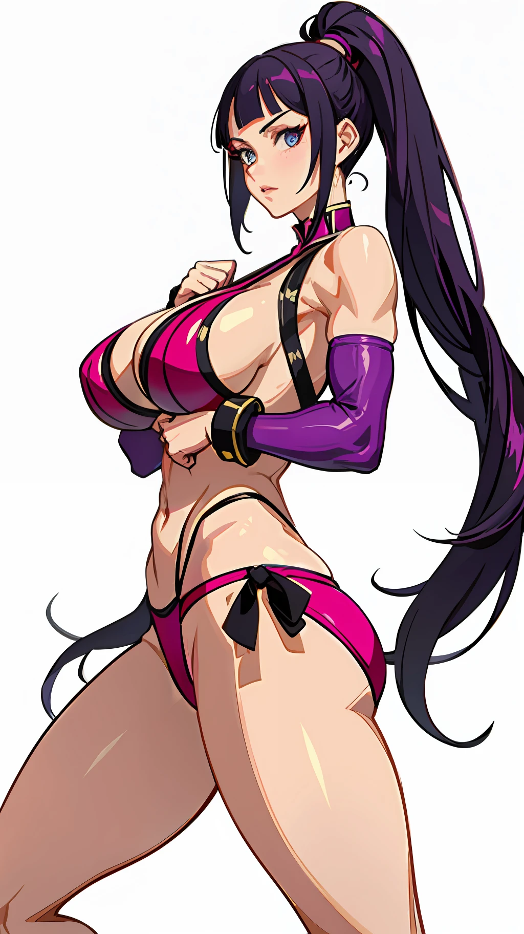 Street Fighter 6 2023, Street Fighter 6 Juri Outfit 2, Street Fighter 6 Juri, fight pose, sexy outfit, ripped outfit, cropped outfit, big breasts, Huge boobs, big ass, totally torn clothes