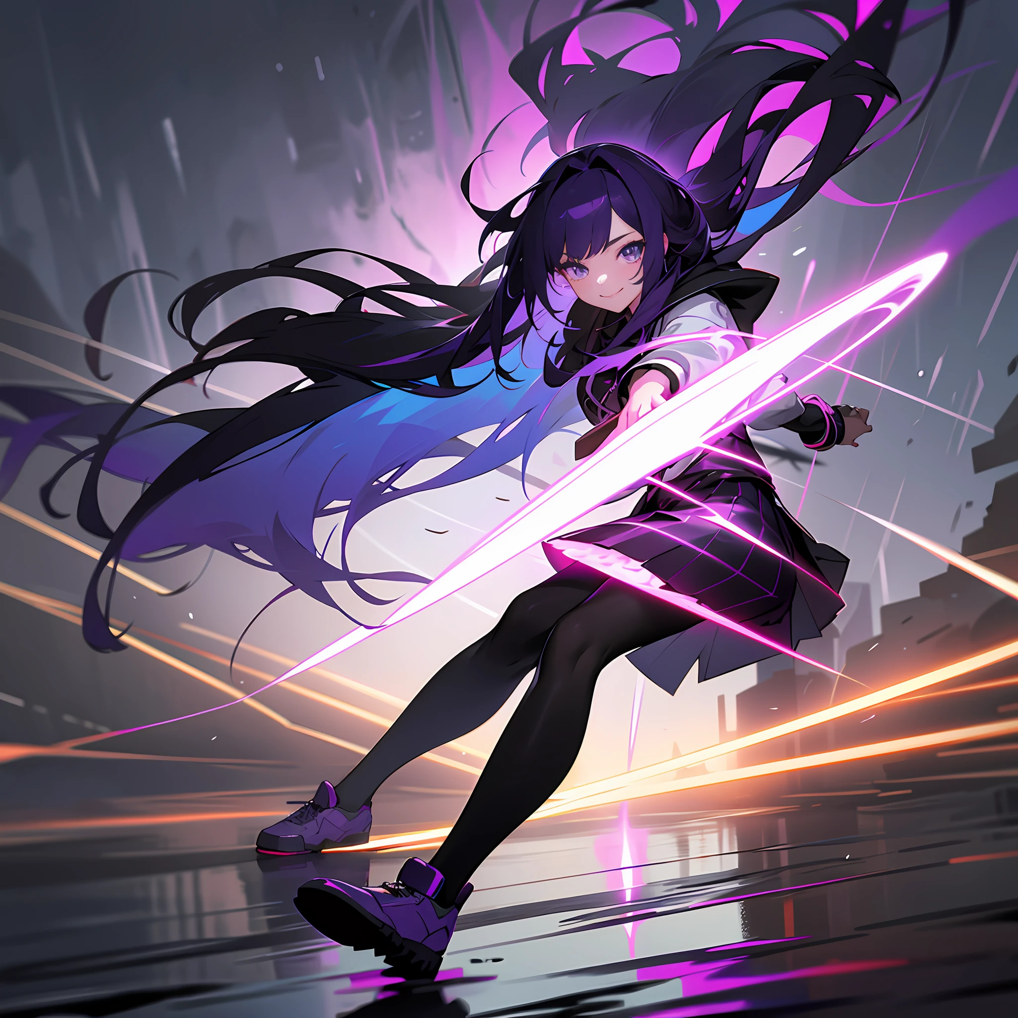 (Masterpiece) (action scene) hyper detailed, Beautiful girl with thunder powers, majestic purple circle behind, long dark purple hair, split hair, dynamic pose, beautiful eyes, multicolored skirt, open grey sweatshirt, multicolored pantyhose, shoes, deep look, smile, futuristic city, outdoors, luminous lightning, particles, reflecting ground, light rain, reflecting puddles, long hair degrade, depth of field, intense dark shadows