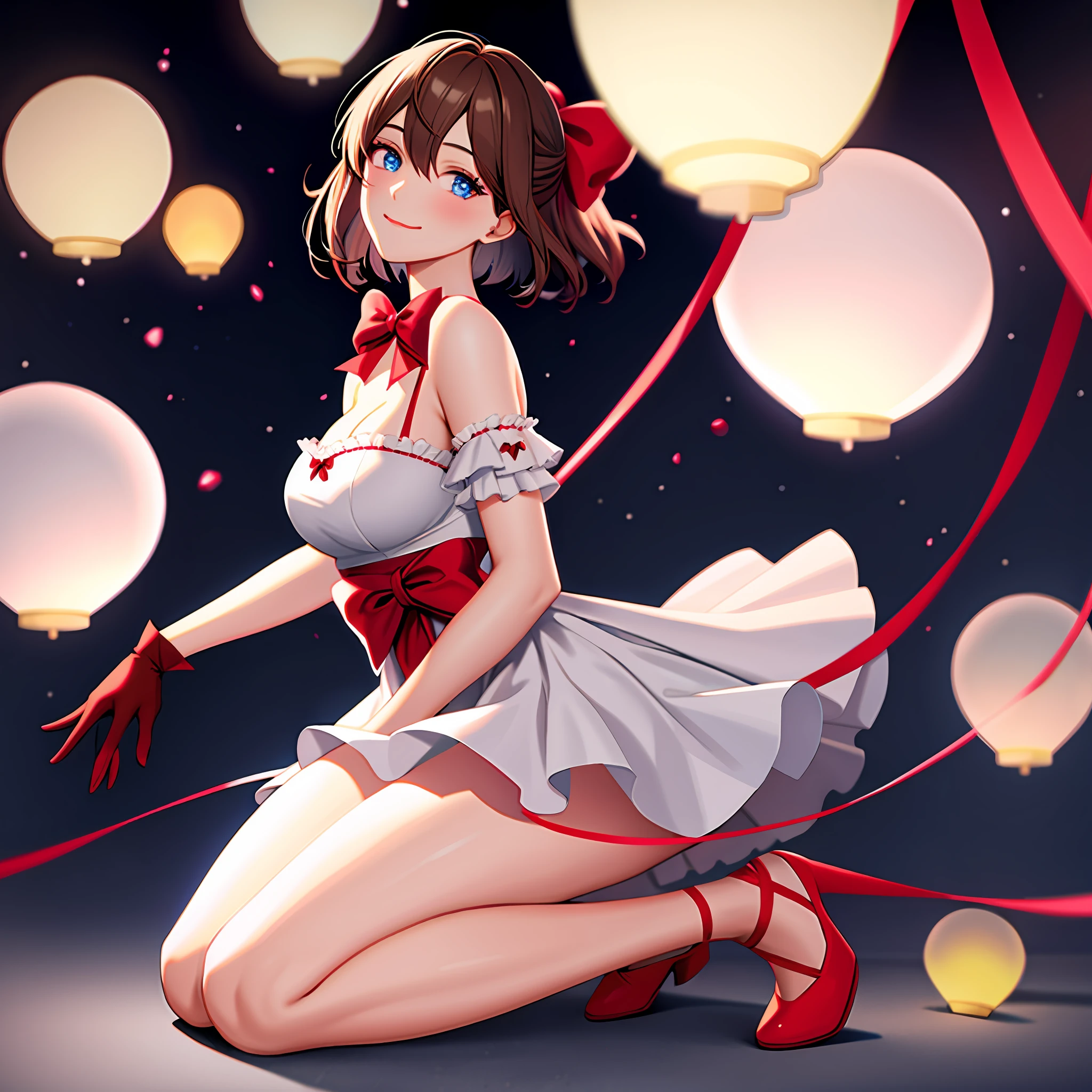 (extremely delicate and beautiful:1.2),1girl, bangs, blue eyes, blurry, blurry background, bow, brown hair, closed mouth, from side, hair between eyes, hair bow, lantern, light particles, short sleeves, very short dress, seethroug clothes, thin red silk gloves,thin red stockings, large cleavage, looking at viewer, medium hair, night, red bow, solo, star \(symbol\), full body,smile,red lips, kneeling, pov