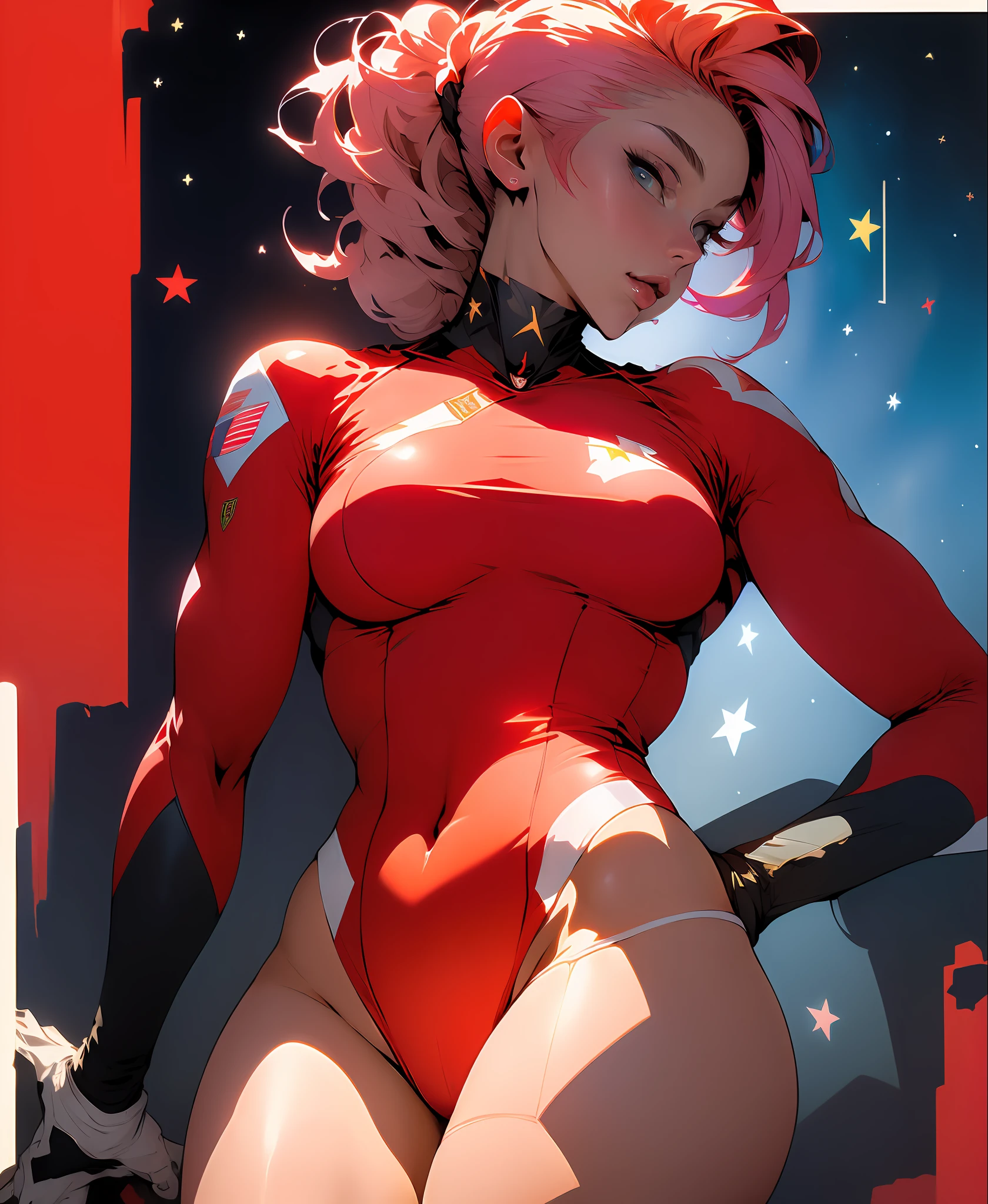 ((Best quality)), ((masterpiece)), (detailed: 1.4), Fighter pilot woman muscular body defined, wearing a comesaria hat, half thick naked thighs, closed mouth, only panties, muscular body parts covered by technological clothing, (((large breasts)) perfect, generous neckline, ((red clothing)), CCCP, pastel, short white hair with topknot and shaved on the sides, short underwear, garter belt,  by mucha, niji --V5, close to real, best quality, almost naked, psychopathic, crazy face, inside an airplane cockpit, piloting, sexy pose, starry night background, 2 pieces clothing, rot rod flame tattoos, vintage, dark red bra with yellow stars, stars covering breasts, (((clothes with the colors of the flag of the Soviet Union))),  Pointed shoulder pads, White eyes without pupils, HDR (High Dynamic Range),Ray Tracing,NVIDIA RTX,Super-Resolution,Unreal 5,Subsurface dispersion, PBR texture, Post-processing, Anisotropic filtering, Depth of field, Maximum clarity and sharpness, Multilayer textures, Albedo and specular maps, Surface shading, Accurate simulation of light-material interaction, Perfect proportions, Octane Render, Two-tone lighting, Wide aperture, Low ISO,  White Balance, Rule of Thirds, 8K RAW, crysisnanosuit