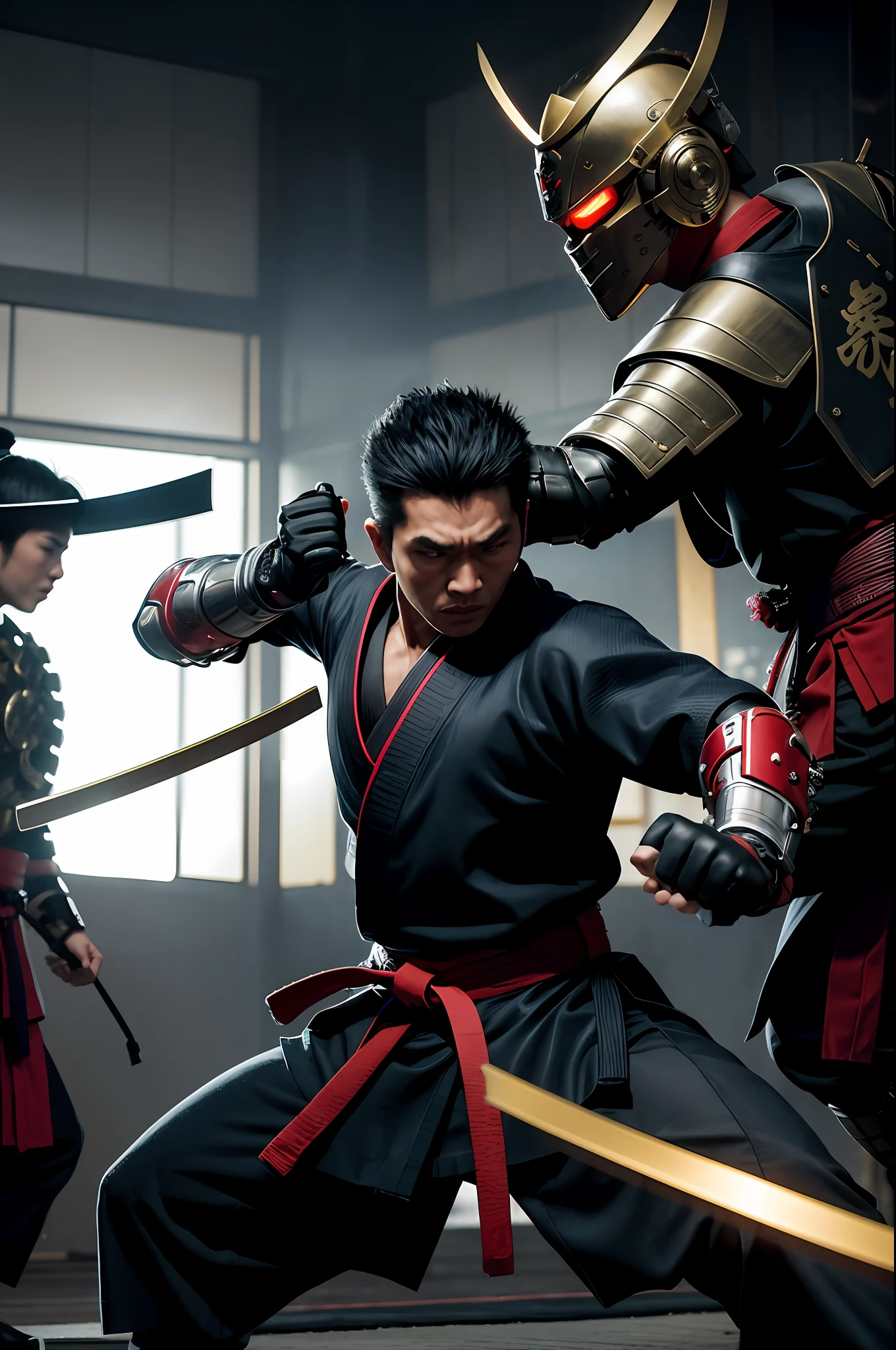 A captivating scene unfolds as a skilled martial artist engages in combat with a group of Japanese samurai clad in cybernetic armors. The focus is on the intense battle between the martial artist and the samurai, both displaying remarkable agility and expertise in their respective fighting styles. The martial artist is depicted in a fluid motion, executing a powerful kick or punch, while the samurai wield their futuristic cybernetic weaponry with precision. The clash between traditional martial arts and cutting-edge technology is evident in the fusion of their fighting techniques. The environment is a blend of traditional Japanese elements and futuristic elements, with a backdrop of a serene Japanese garden juxtaposed with high-tech structures. The lighting in the scene is dramatic, emphasizing the dynamic movements and creating a sense of tension and excitement. This visually captivating image captures the intersection of ancient martial arts and futuristic technology, showcasing the clash between tradition and innovation in a thrilling and visually stunning way.