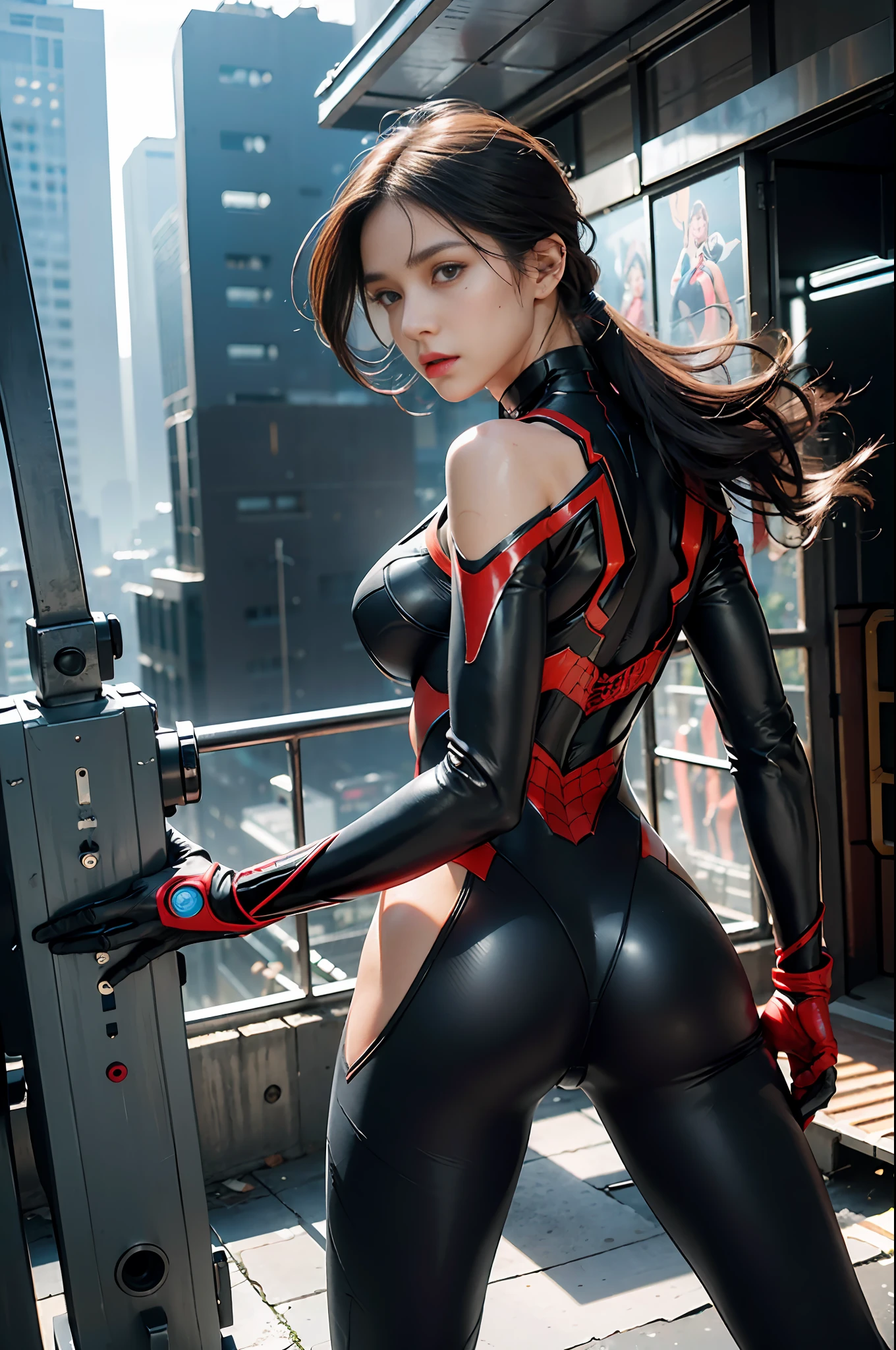 RAW, masterpiece, ultra-fine photo,, best quality, ultra high definition, photorealistic, sunlight, full body portrait from behind, stunningly beautiful, dynamic pose, delicate face, vivid eyes, (side view), she wears a futuristic iron lady spider-man costume, highly detailed background, detailed face, detailed and complex busy background, messy and gorgeous, milky, High Detail Skin, Realistic Skin Details, Visible Pore, Sharp Focus, Volume Fog, 8k UHD, DSLR, High Quality, Film Grain, Fair Skin, Photorealism, Lomography, Futuristic Dystopia, Vast Big City, View from Below, Translucent, Big Ass, Big