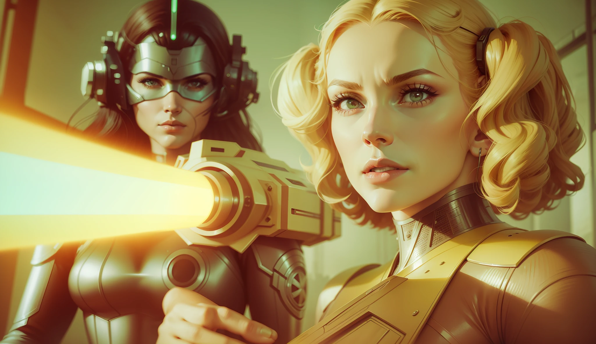 a couple of women standing next to each other, a comic book panel by Richard Mortensen, trending on cg society, retrofuturism, reimagined by industrial light and magic, #vfxfriday, sci-fi