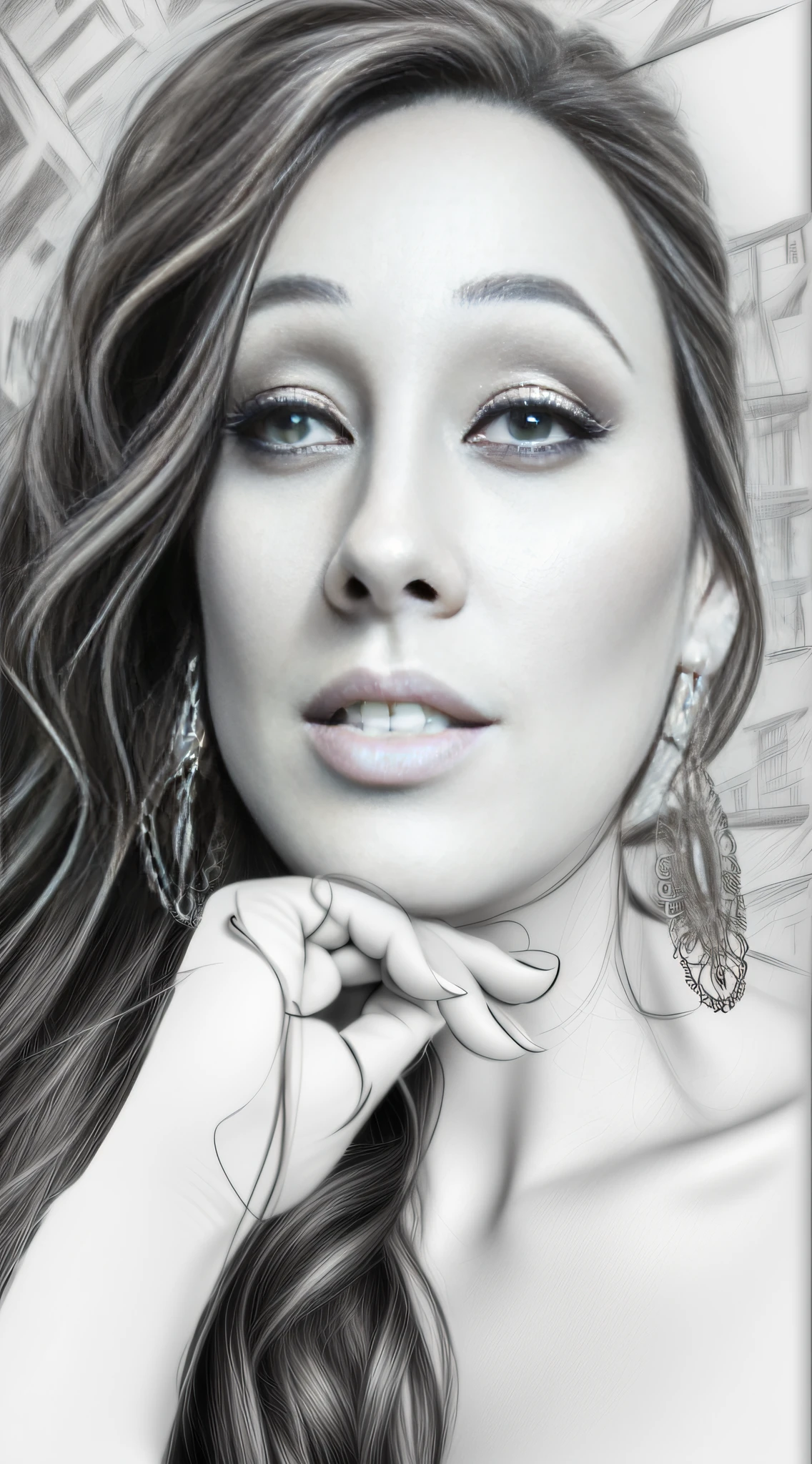 A drawing of a woman with long hair and earrings, digital art!!, realistic sketch, digital art, black and white, professional drawing, artwork, portrait!!!!!!, digital art, intricate details, 4k