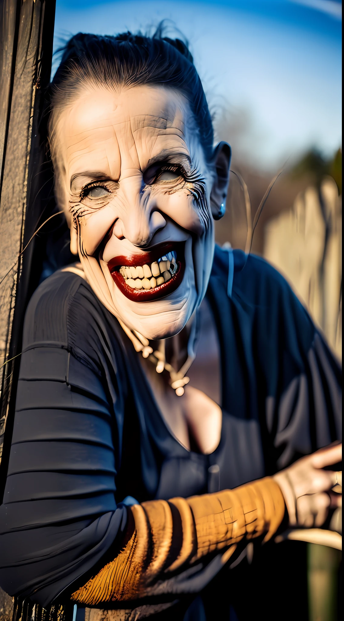 a close up of a person leaning on a wooden fence, ugly woman, ugly look, creepy smile, scary photo, insane smile, scary smile, very very creepy, very scary photo, creepy photo, scary look, scary portrait, very creepy, creepy pose, terrified 👿, profile image, ugly face, kailee mandel, creepy photography