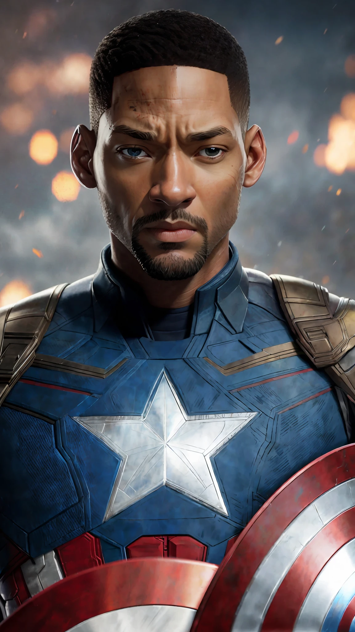 a close up of a man in a captain america costume holding a shield, portrait of captain america, medium close - up ( mcu ), 8k portrait render, closeup portrait shot, will smith disney infinity, captain america, highly detailed vfx portrait of, portrait shot, [ 4 k photorealism ], rendered in corona, closeup portrait, fan art, from marvel studios