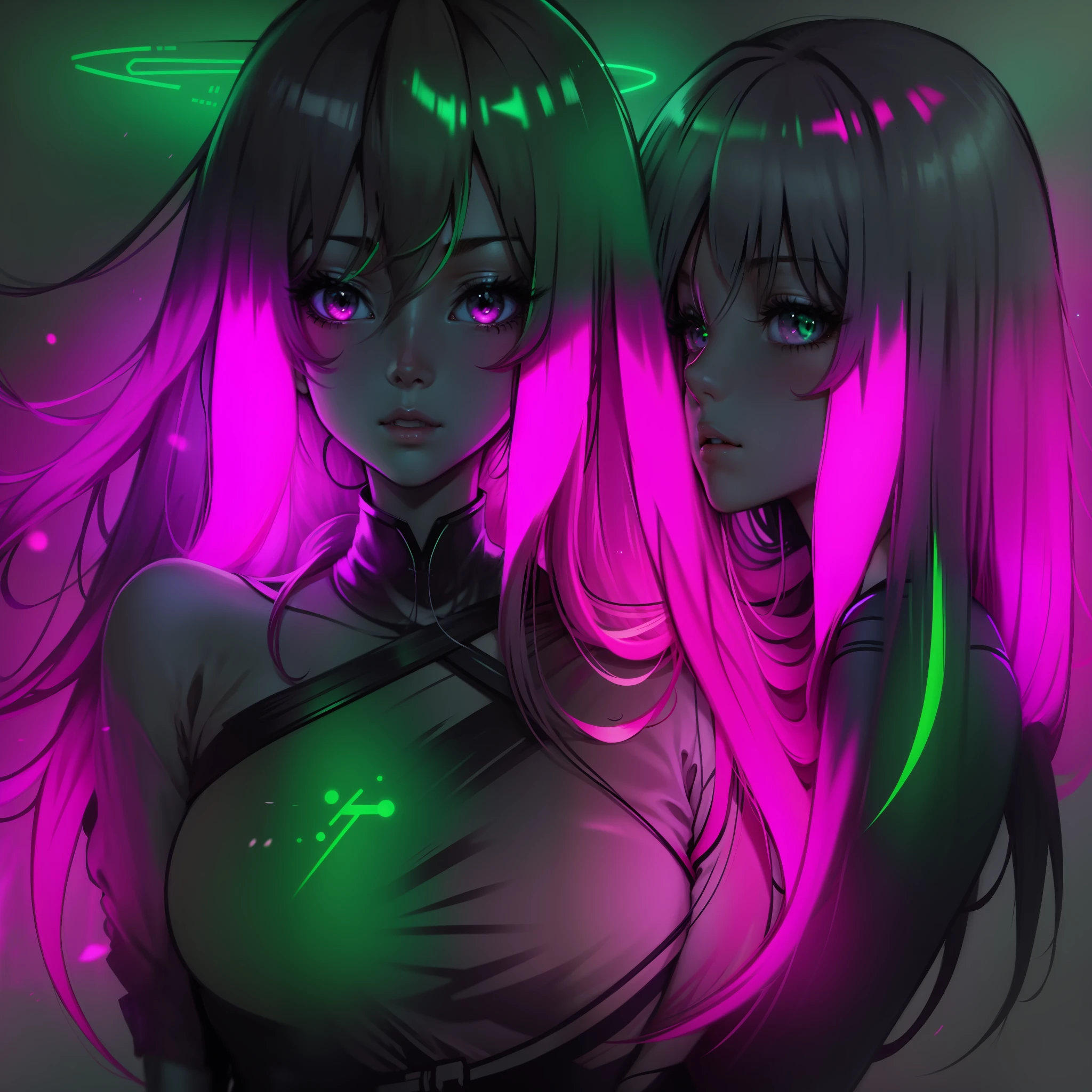 long hair beautiful girl anime hair flouresente hair shinier, neon pink color mixed with neon green