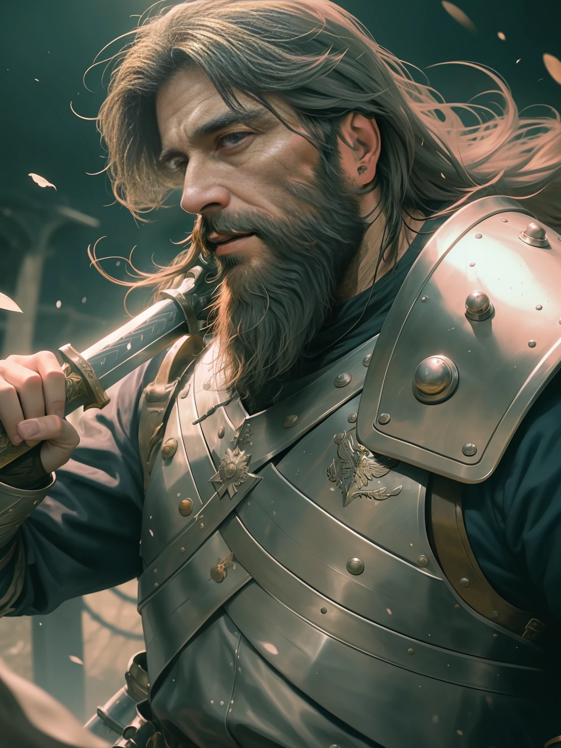 man, 36 years old, long beard, medieval soldier, wearing heavy armor, wielding long sword, heavy, perfectional details, low-tied long hair, facial hair, crazy, high detail, Realism, cinematic lighting, first-person view, masterpiece, high details, high quality, super detail, best quality, UHD