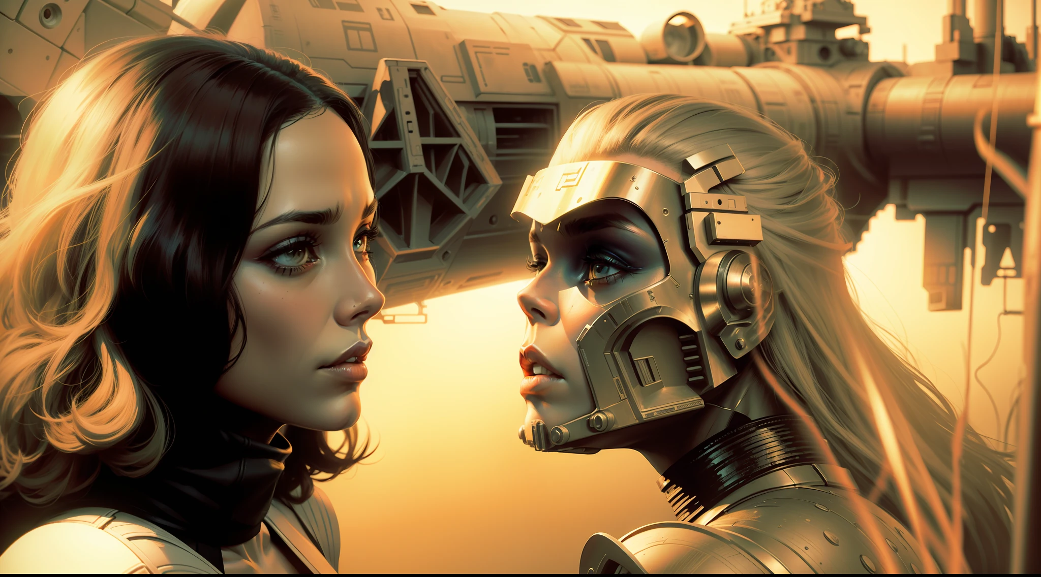a woman holding a gun in front of a star wars character, a comic book panel by Ed Paschke, zbrush central, retrofuturism, reimagined by industrial light and magic, 1970s, behance hd