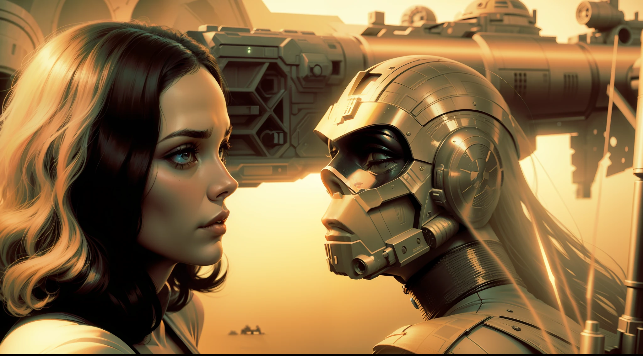 a woman holding a gun in front of a star wars character, a comic book panel by Ed Paschke, zbrush central, retrofuturism, reimagined by industrial light and magic, 1970s, behance hd