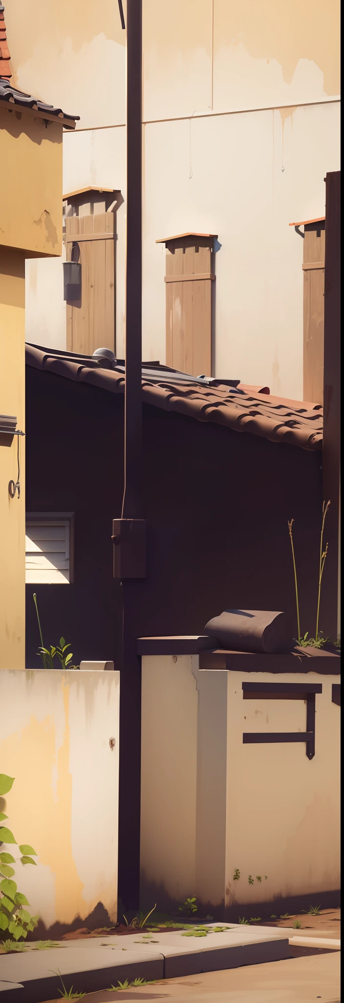 keep original image, adding ultra-realistic brush and dirt on walls and roofs, rusty objects,insert bush, keep image as close as possible to the original