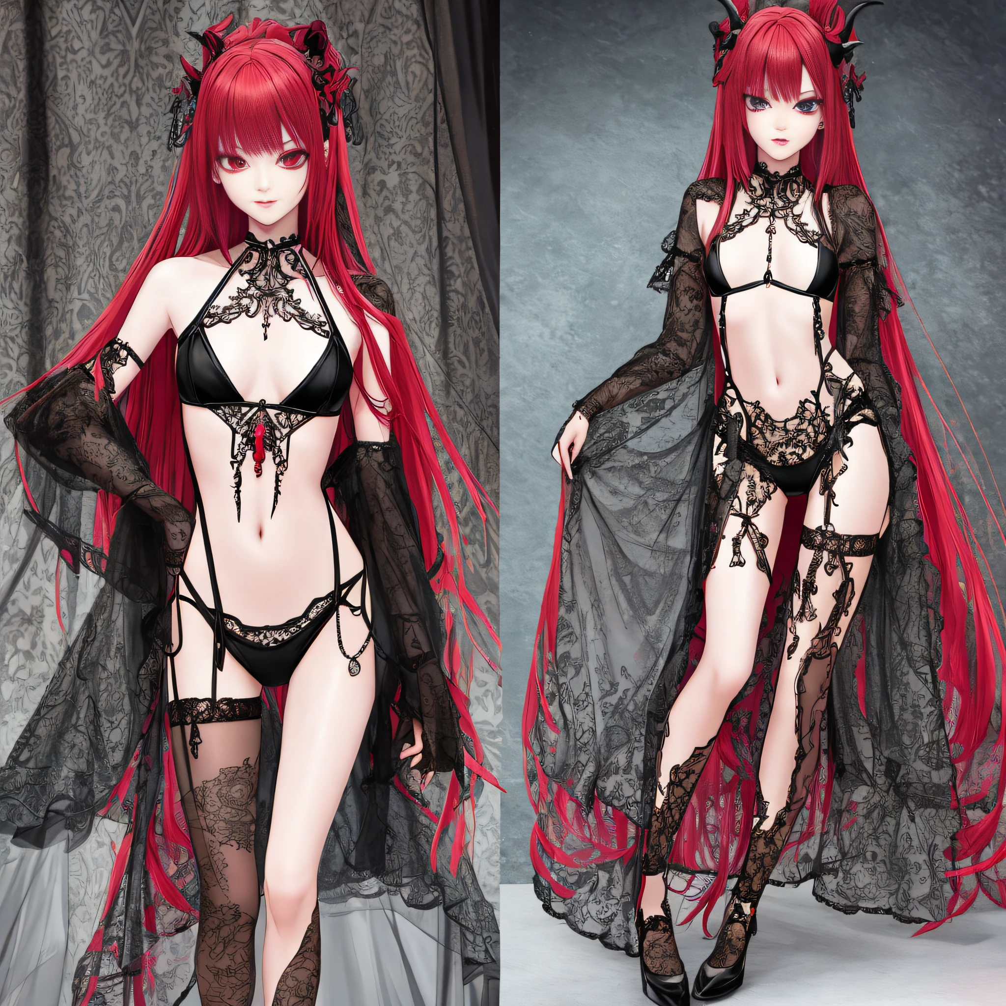 high detail raw photo masterpiece, best quality, detailed, sexy demon girl, cute girl, long legs, tall_female, beautiful_legs, asian, full body, (lingerie:0.6), (tattoo:0.4), (gothic jewelry:0.4), detailed face, Anime, flawless face, perfect eyes, highly detailed, 4 k, hdr, smooth, sharp focus, high resolution, award - winning photo