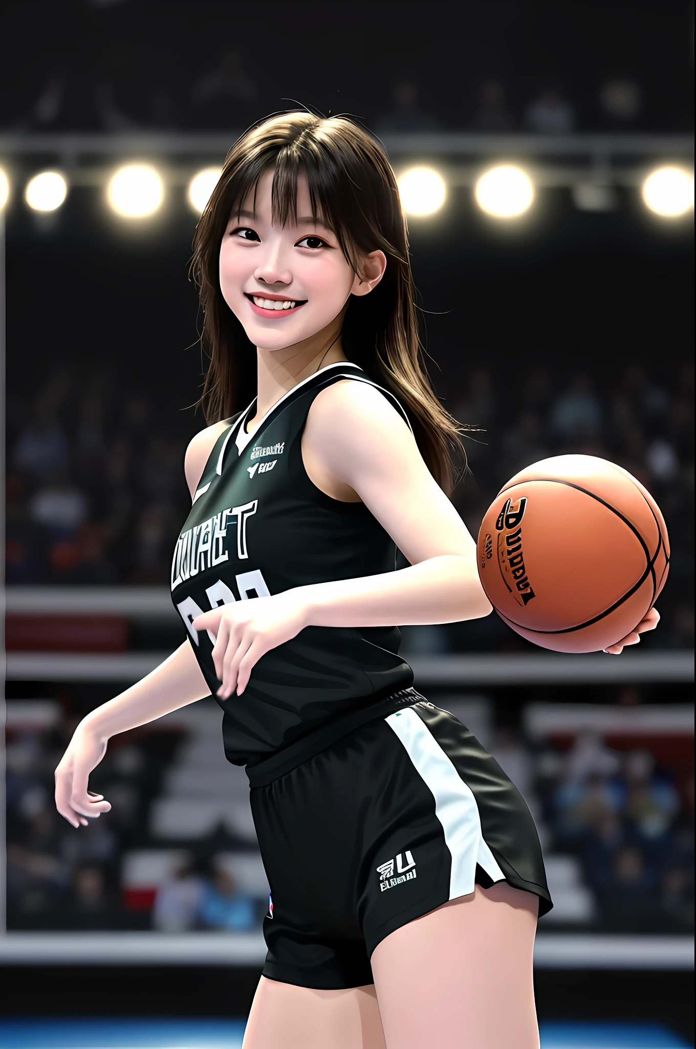 Best Quality, Masterpiece, Ultra High Resolution, (Film Grain: 1.4), Digital Photography, Bangs, Film Lighting, (Fujifilm Color: 1.2),
1 girl, solo, facing the audience, dancing, smiling, black basketball jersey, basketball baby, full body, looking at the audience, basketball hall background (realistic: 1.2)