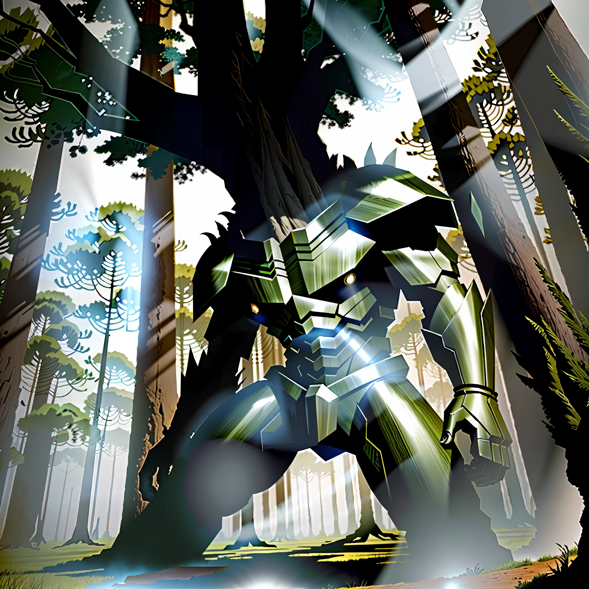 Monster tree with trunk armor. Cinematic lights, cinematic shadows, ultra detailed, artwork, magnificent quality, animated and dynamic pose