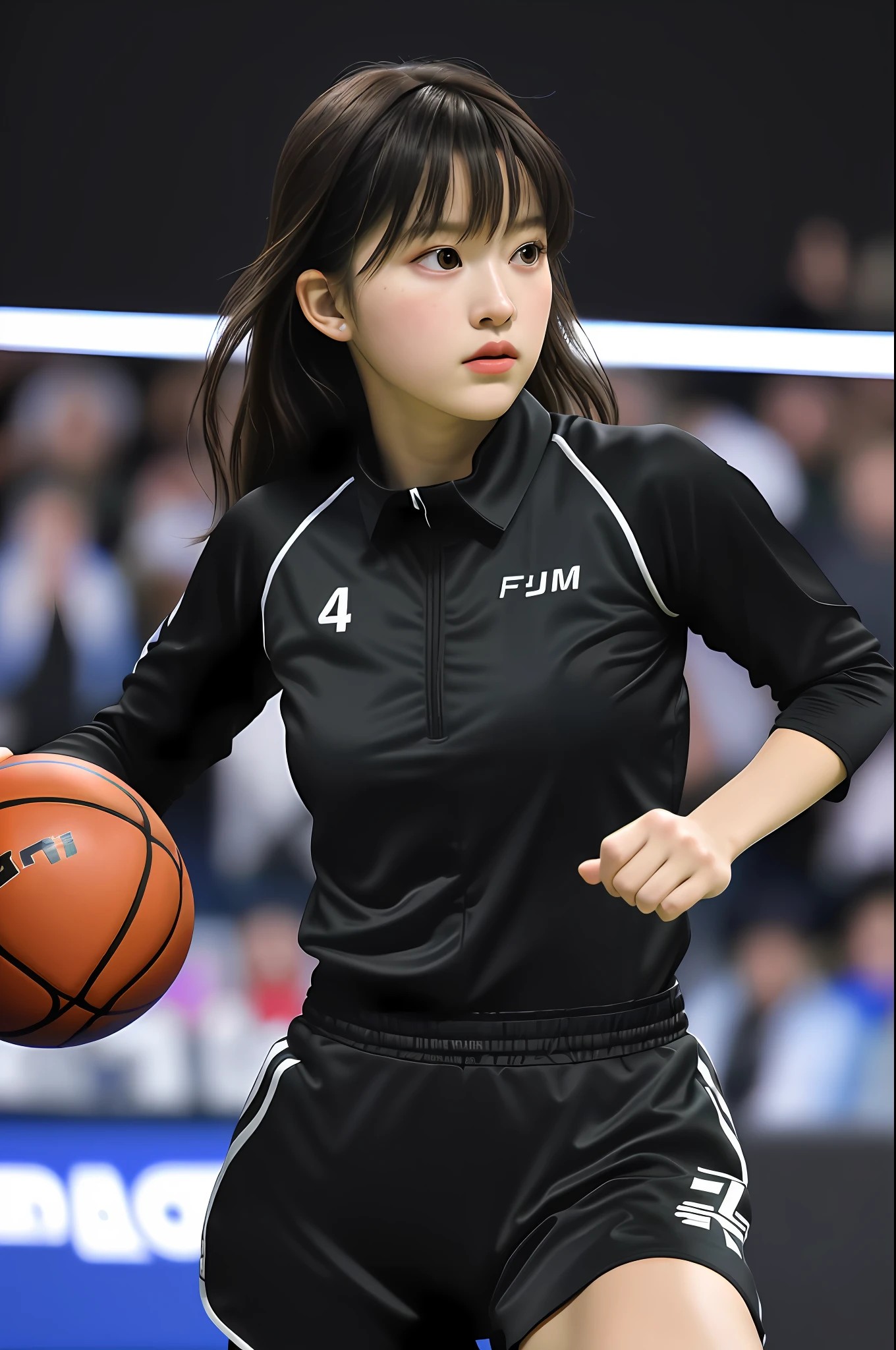 Best Quality, Masterpiece, Ultra High Resolution, (Film Grain: 1.4), Digital Photography, Bangs, Film Lighting, (Fujifilm Color: 1.2),
1 girl, solo, facing the ball frame, shooting action, black basketball suit, basketball , full body, looking at the audience, basketball hall background (realistic: 1.2)