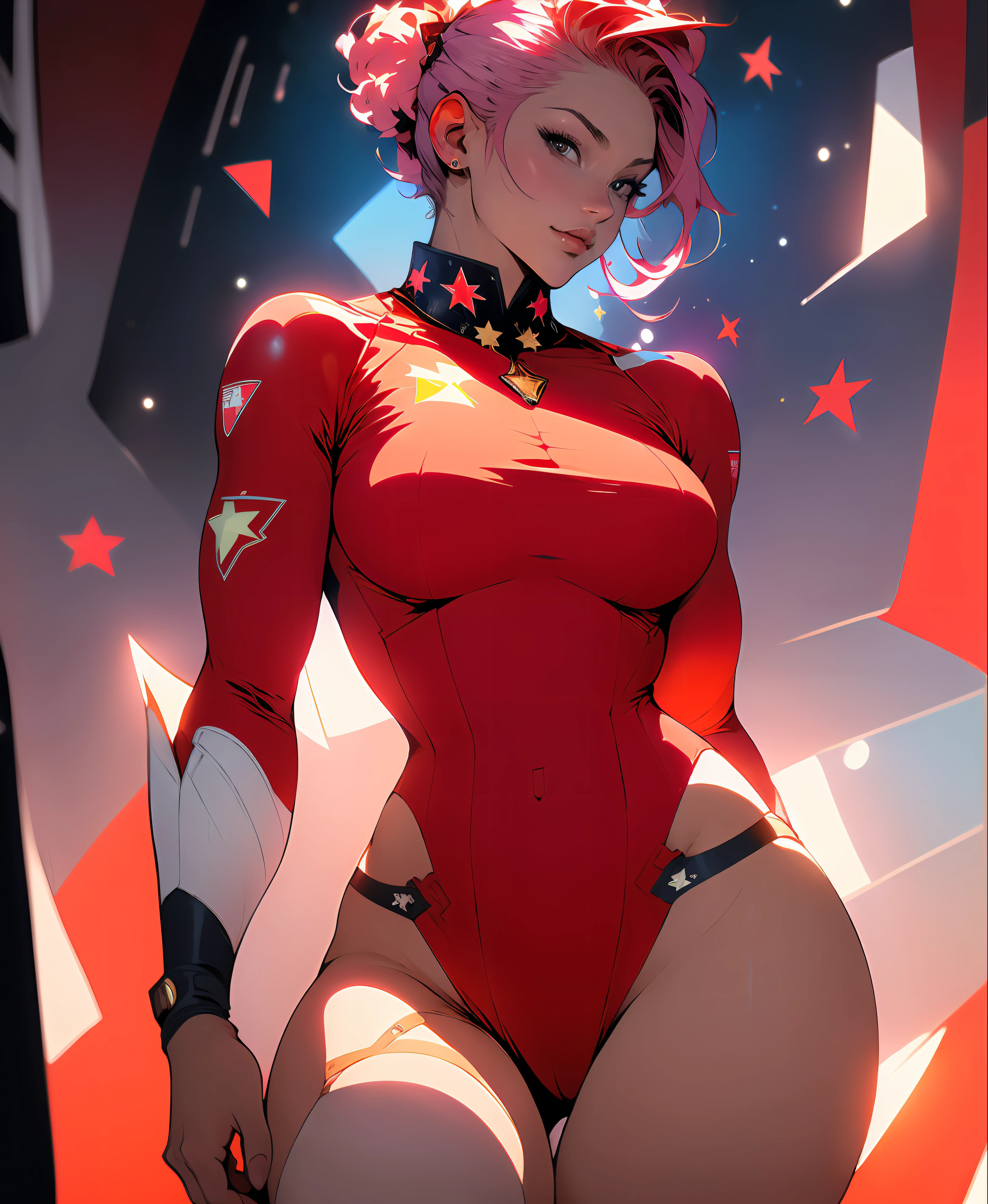 ((Best quality)), ((masterpiece)), (detailed: 1.4), Fighter pilot woman muscular body defined, wearing a comesaria hat, half thick naked thighs, closed mouth, only panties, muscular body parts covered by technological clothing, (((large breasts)) perfect, generous neckline, ((red clothing)), CCCP, pastel, short white hair with topknot and shaved on the sides, short underwear, garter belt,  by mucha, niji --V5, close to real, best quality, almost naked, psychopathic, crazy face, inside an airplane cockpit, piloting, sexy pose, starry night background, 2 pieces clothing, rot rod flame tattoos, vintage, dark red bra with yellow stars, stars covering breasts, (((clothes with the colors of the flag of the Soviet Union))),  Pointed shoulder pads, White eyes without pupils, HDR (High Dynamic Range),Ray Tracing,NVIDIA RTX,Super-Resolution,Unreal 5,Subsurface dispersion, PBR texture, Post-processing, Anisotropic filtering, Depth of field, Maximum clarity and sharpness, Multilayer textures, Albedo and specular maps, Surface shading, Accurate simulation of light-material interaction, Perfect proportions, Octane Render, Two-tone lighting, Wide aperture, Low ISO,  White Balance, Rule of Thirds, 8K RAW, crysisnanosuit