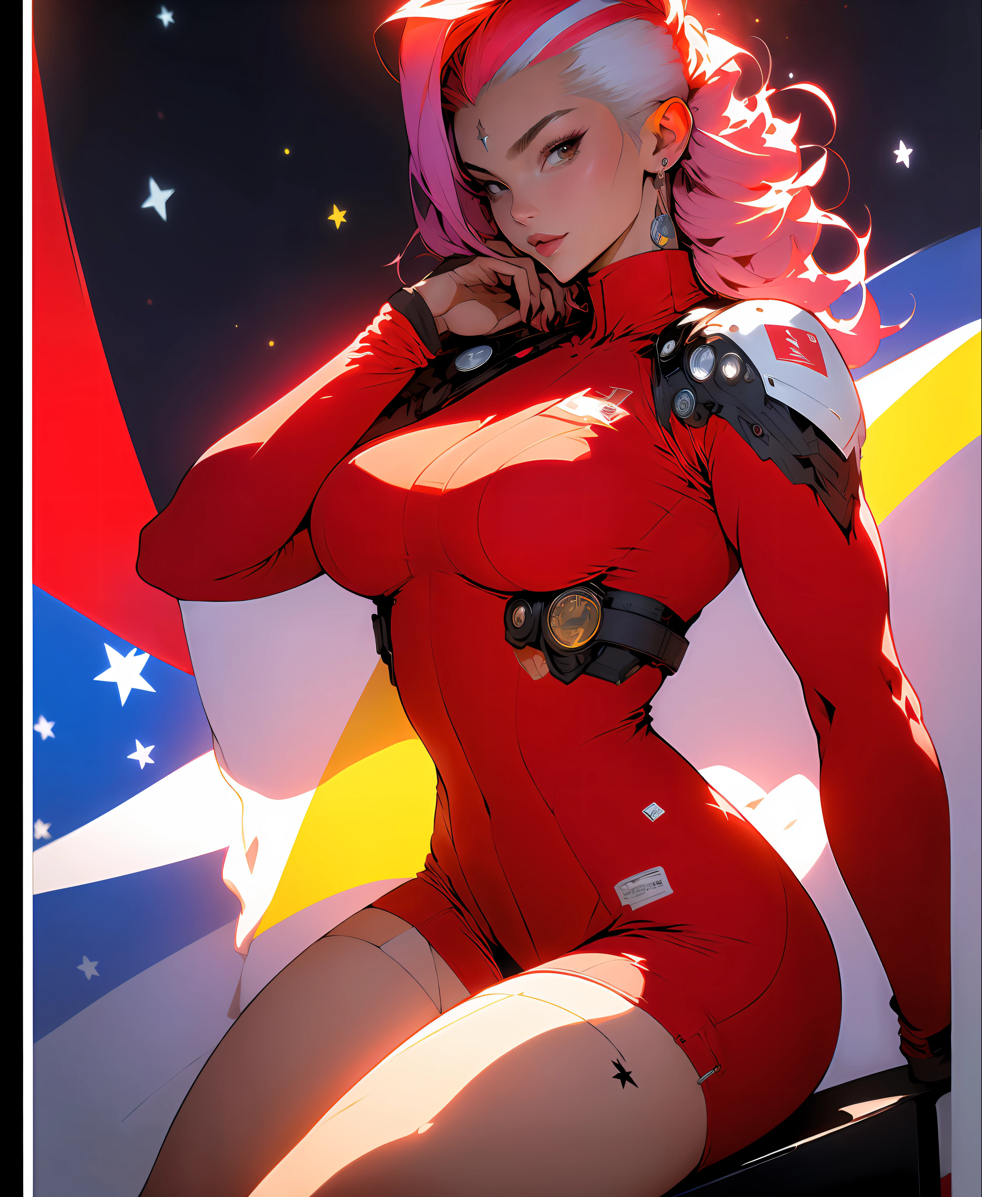 ((Best quality)), ((masterpiece)), (detailed: 1.4), Fighter pilot woman muscular body defined, wearing a comesaria hat, half thick naked thighs, closed mouth, only panties, muscular body parts covered by technological clothing, (((large breasts)) perfect, generous neckline, ((red clothing)), CCCP, pastel, short white hair with topknot and shaved on the sides, short underwear, garter belt,  by mucha, niji --V5, close to real, best quality, almost naked, psychopathic, crazy face, inside an airplane cockpit, piloting, sexy pose, starry night background, 2 pieces clothing, rot rod flame tattoos, vintage, dark red bra with yellow stars, stars covering breasts, (((clothes with the colors of the flag of the Soviet Union))),  Pointed shoulder pads, White eyes without pupils, HDR (High Dynamic Range),Ray Tracing,NVIDIA RTX,Super-Resolution,Unreal 5,Subsurface dispersion, PBR texture, Post-processing, Anisotropic filtering, Depth of field, Maximum clarity and sharpness, Multilayer textures, Albedo and specular maps, Surface shading, Accurate simulation of light-material interaction, Perfect proportions, Octane Render, Two-tone lighting, Wide aperture, Low ISO,  White Balance, Rule of Thirds, 8K RAW, crysisnanosuit