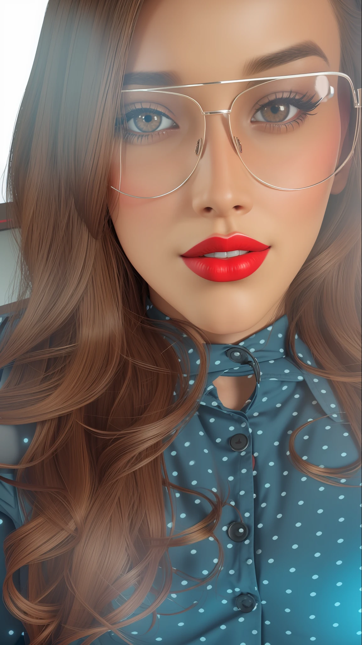 there is a woman brown eyes, red lipstick, sitting at a desk with a MacBook, realistic style 3 d, photorealistic, 3 d realistic, working hyper-realistic, a hyper-realistic student, hyper realistic, portrait 8k render, young realistic, realistic render