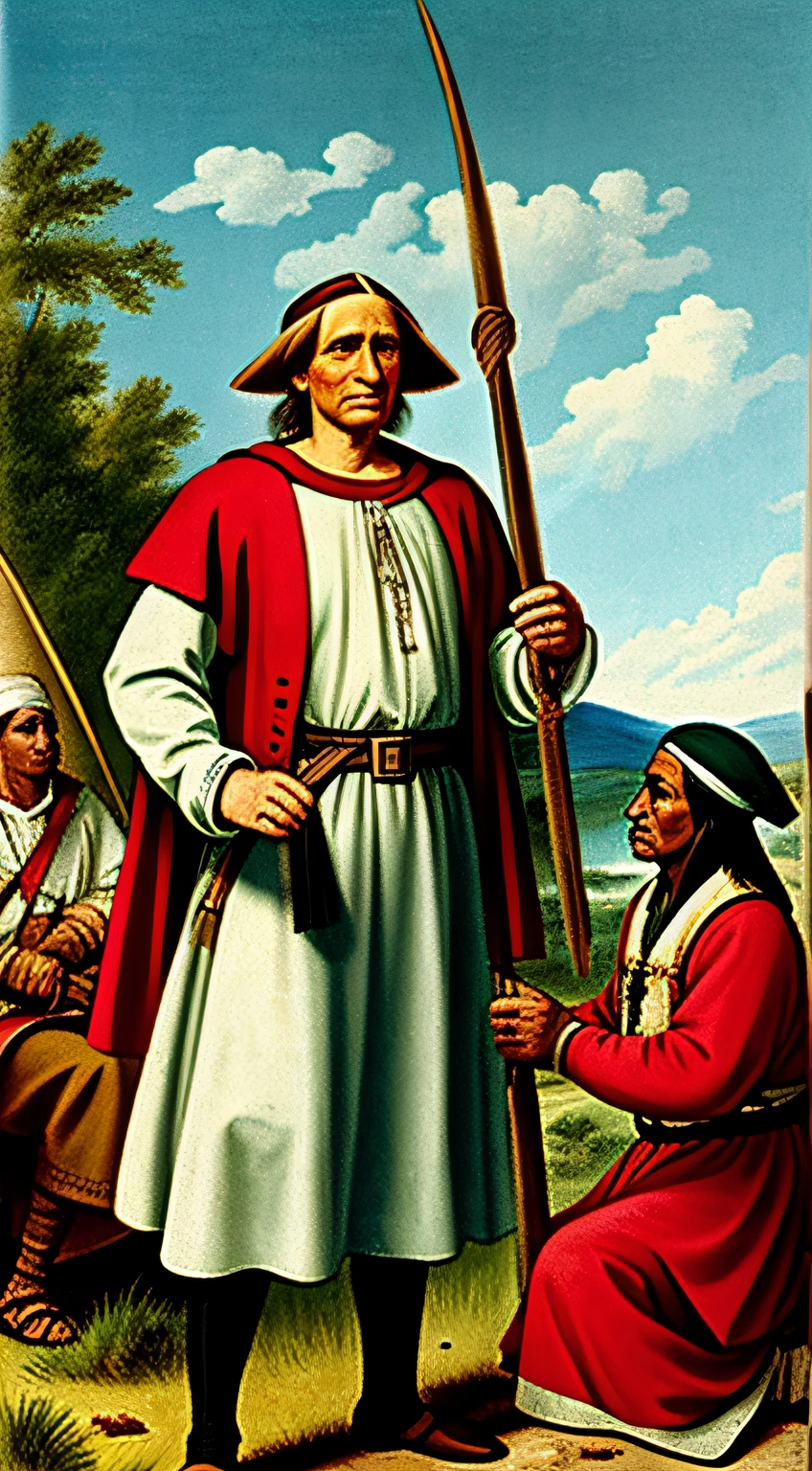 A historically accurate visualization of Christopher Columbus donning explorer's clothes amidst a native american tribe garbed in traditional attire.