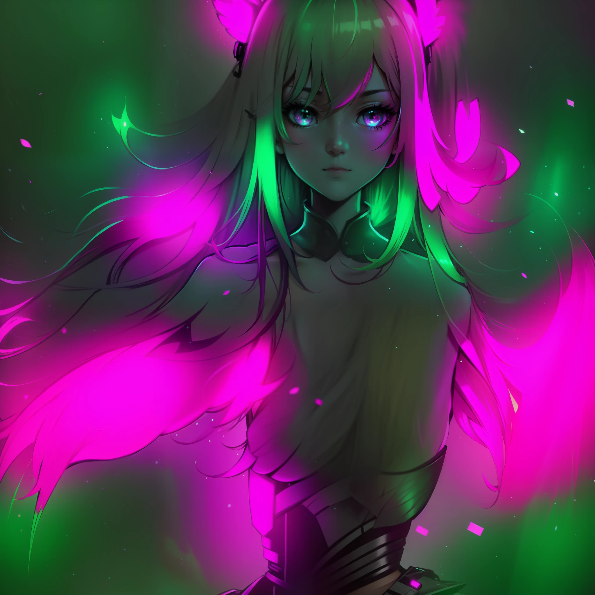 long hair beautiful girl anime hair flouresente hair shinier, neon pink color mixed with neon green