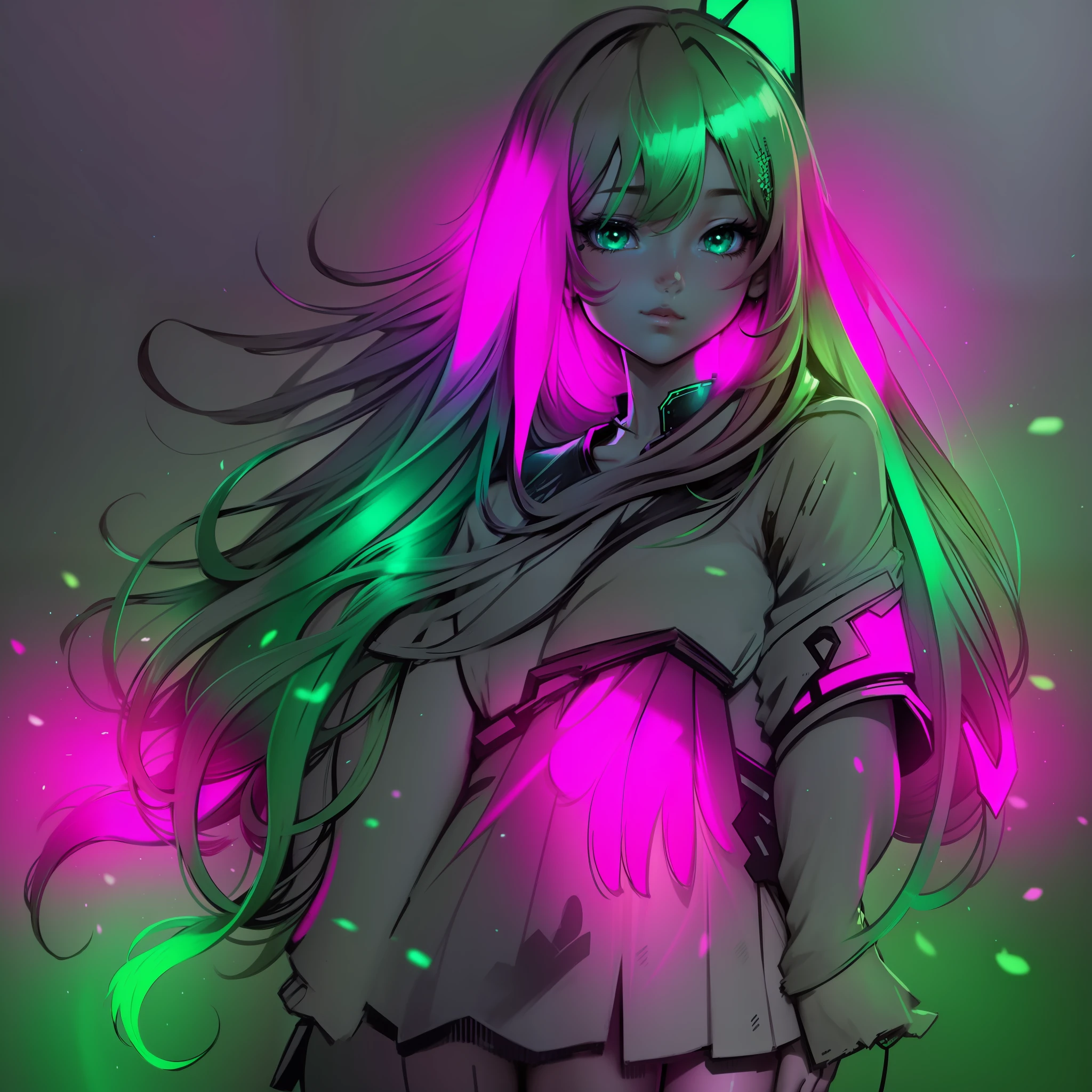 long hair beautiful girl anime hair flouresente hair shinier, neon pink color mixed with neon green